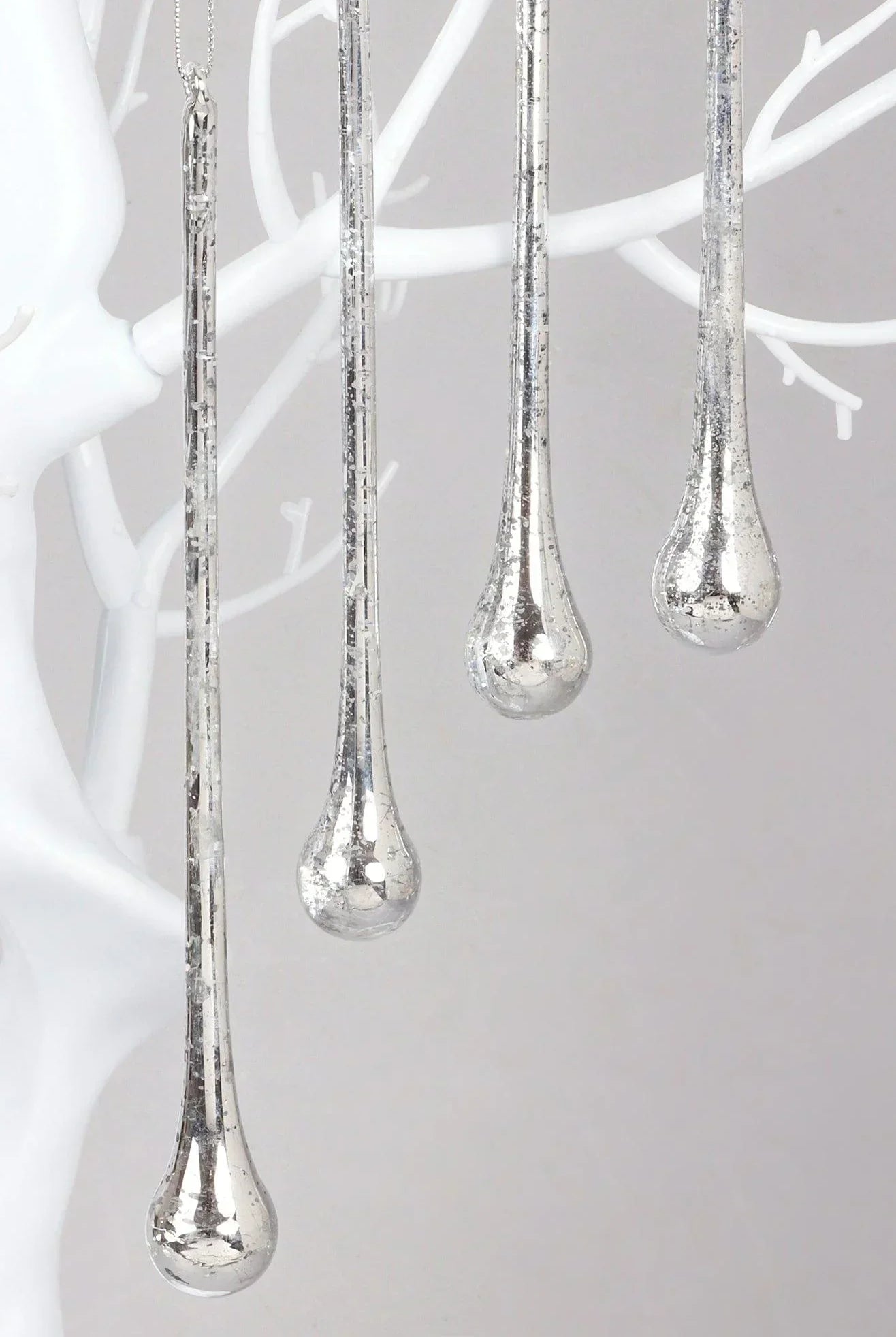 Glass Set of 6 Long Silver Mottled Droplets Christmas Tree Decorations Elegant Hanging Ornaments - G Decor