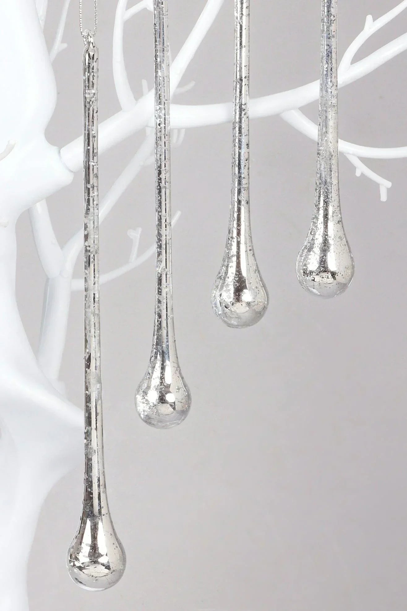 glass-set-of-6-long-silver-mottled-droplets-christmas-tree-decorations-elegant-hanging-ornaments-g-decor-21365 - G Decor