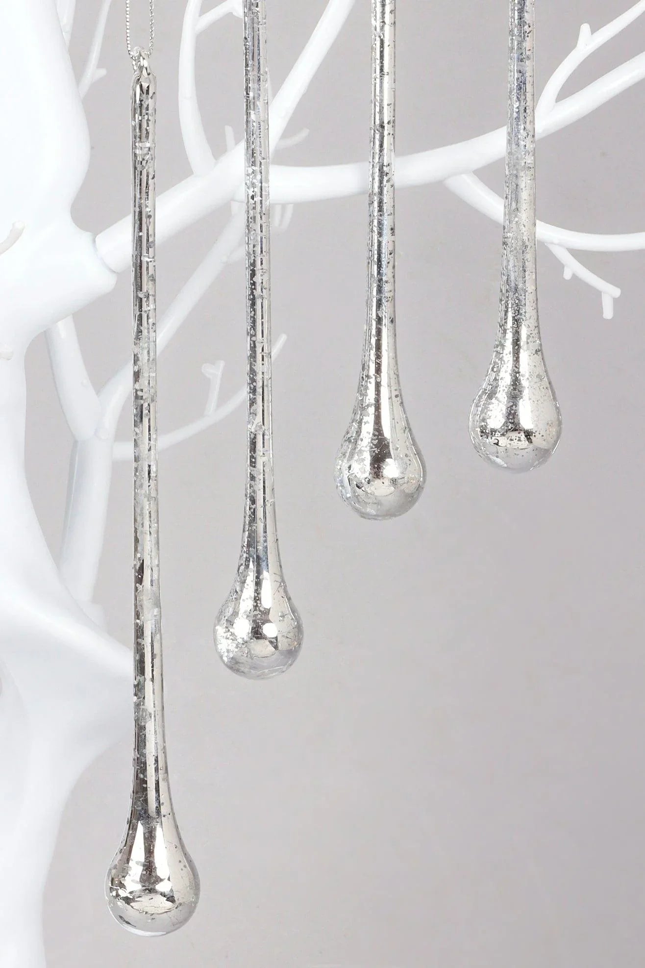 Glass Set of 6 Long Silver Mottled Droplets Christmas Tree Decorations Elegant Hanging Ornaments - G Decor