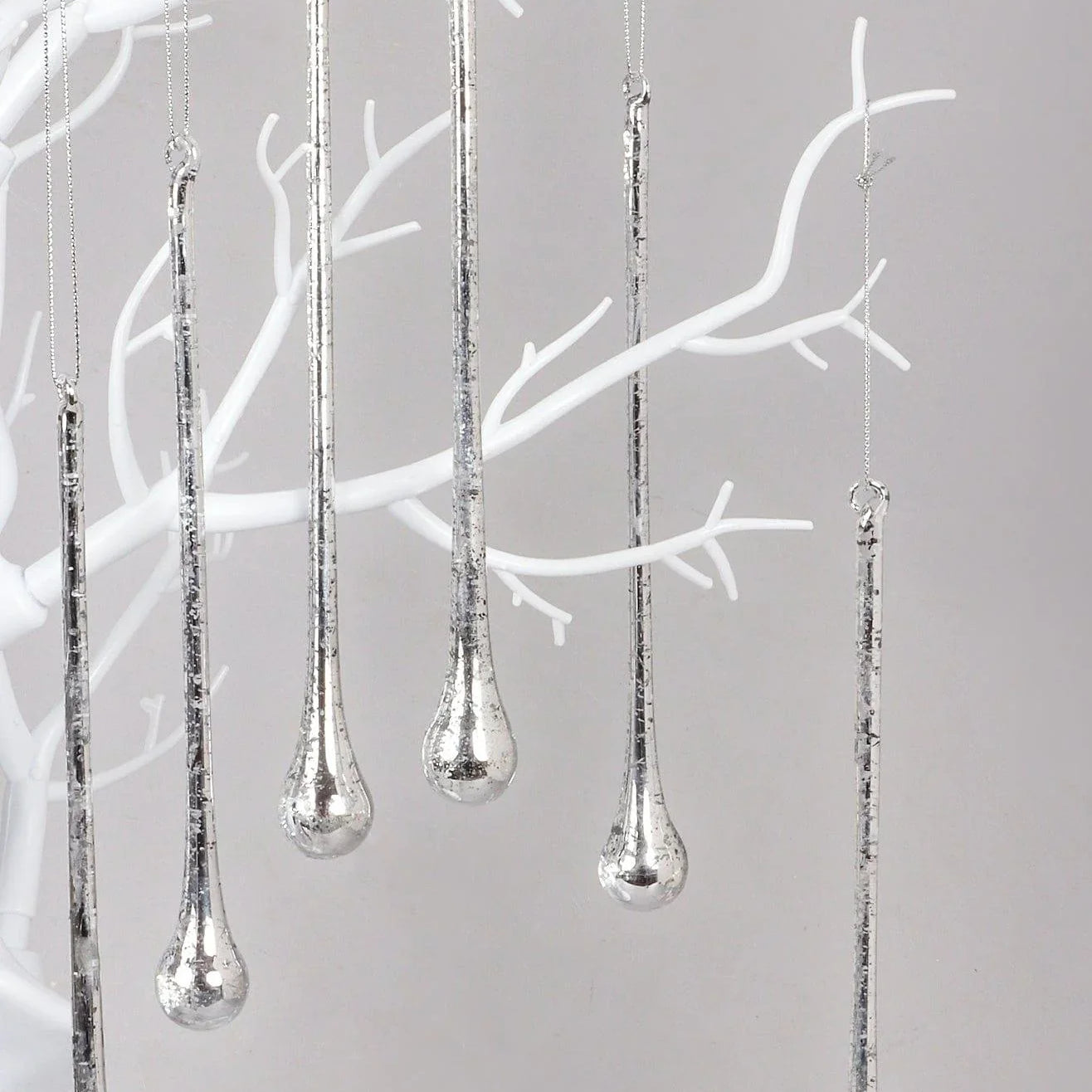 Glass Set of 6 Long Silver Mottled Droplets Christmas Tree Decorations Elegant Hanging Ornaments - G Decor