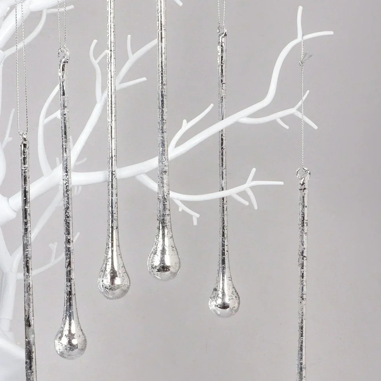 Glass Set of 6 Long Silver Mottled Droplets Christmas Tree Decorations Elegant Hanging Ornaments - G Decor