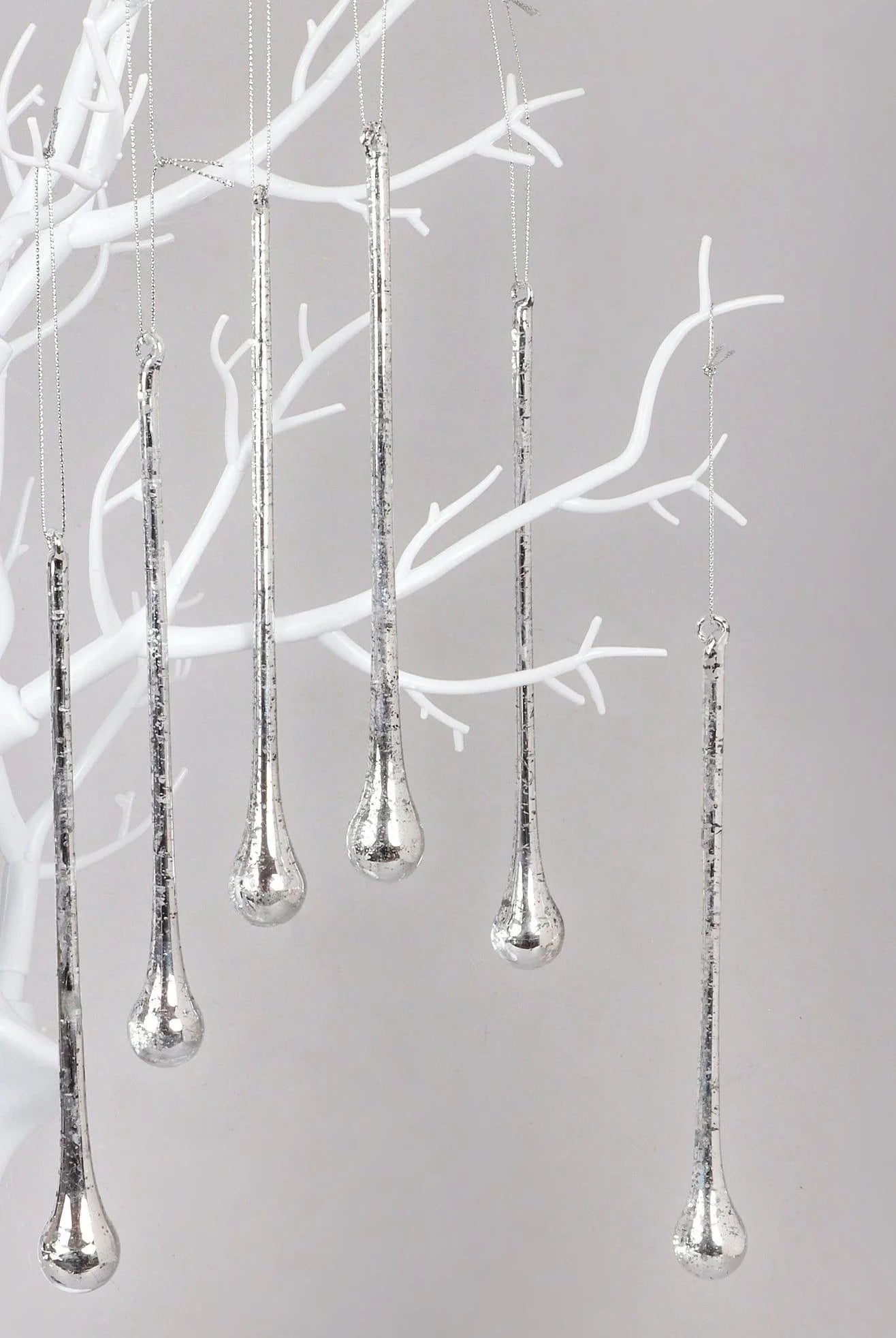 Glass Set of 6 Long Silver Mottled Droplets Christmas Tree Decorations Elegant Hanging Ornaments - G Decor