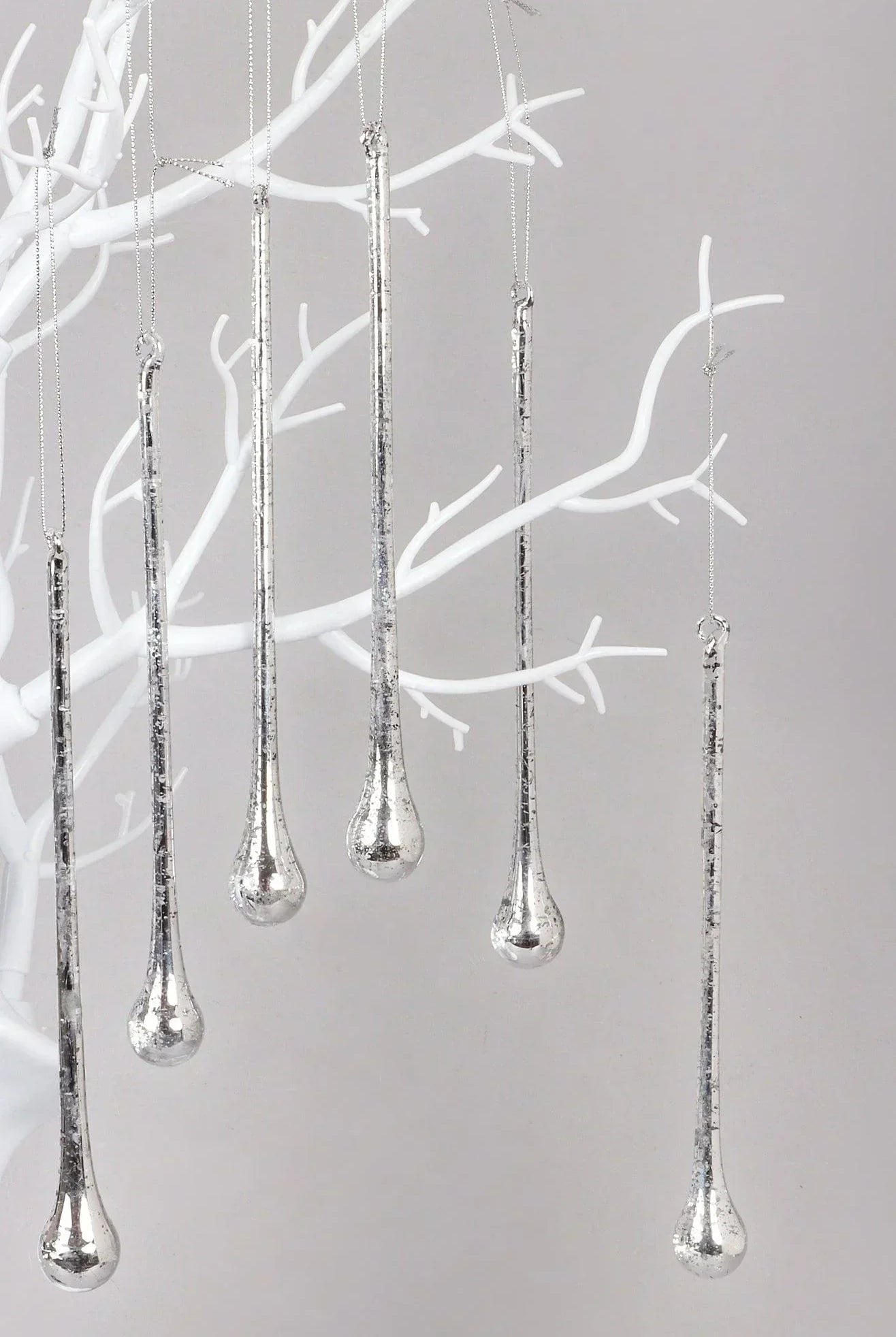 Glass Set of 6 Long Silver Mottled Droplets Christmas Tree Decorations Elegant Hanging Ornaments - G Decor