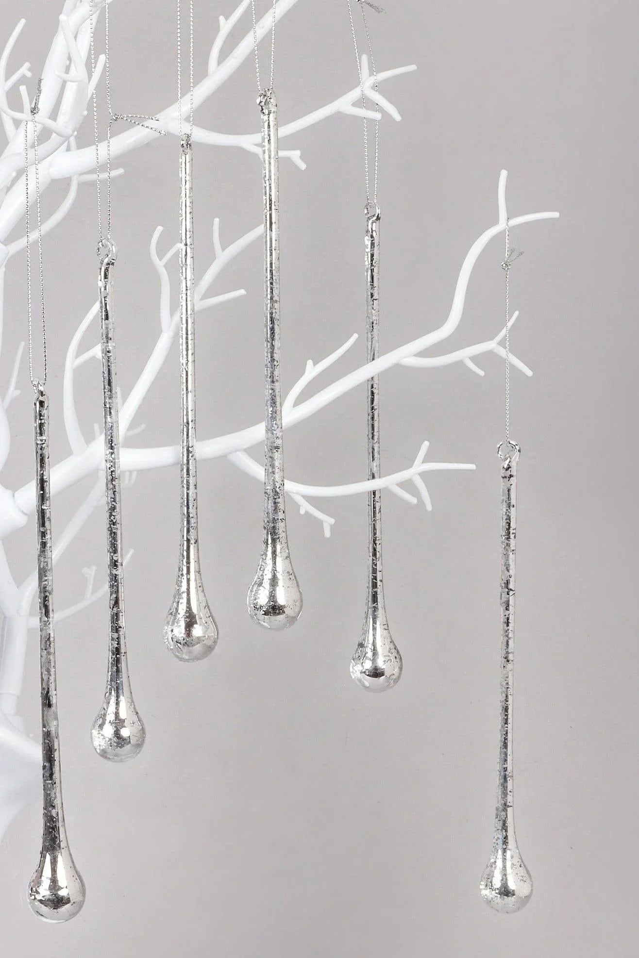 Glass Set of 6 Long Silver Mottled Droplets Christmas Tree Decorations Elegant Hanging Ornaments - G Decor
