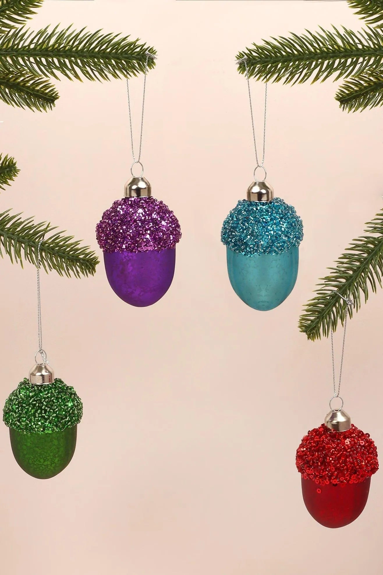 Glass Sparkle Acorn Christmas Baubles in Red Blue Purple or Green — alternate view, G Decor