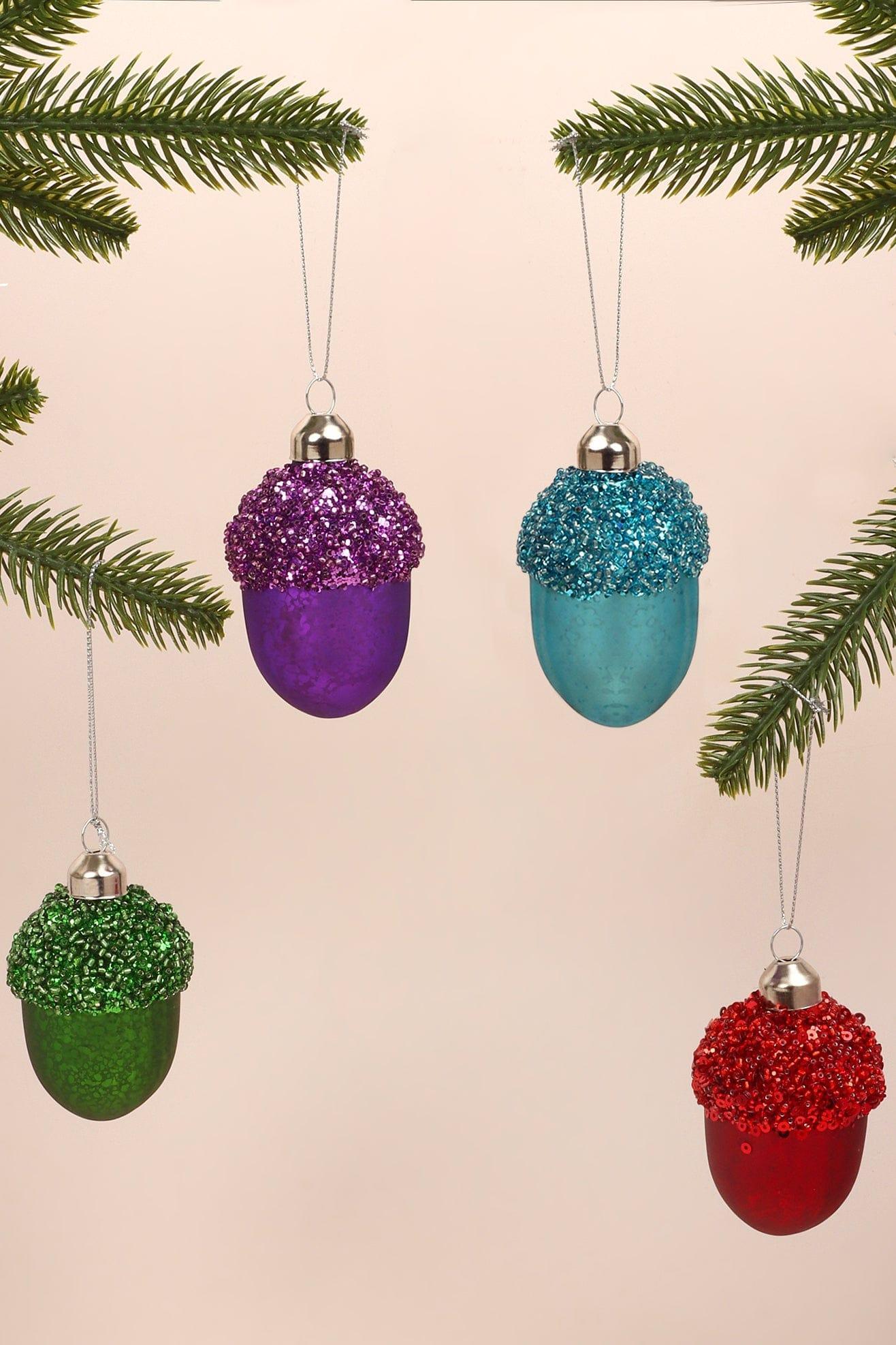 Glass Sparkle Acorn Christmas Tree Decoration Festive Baubles in Red, Blue, Purple or Green - G Decor