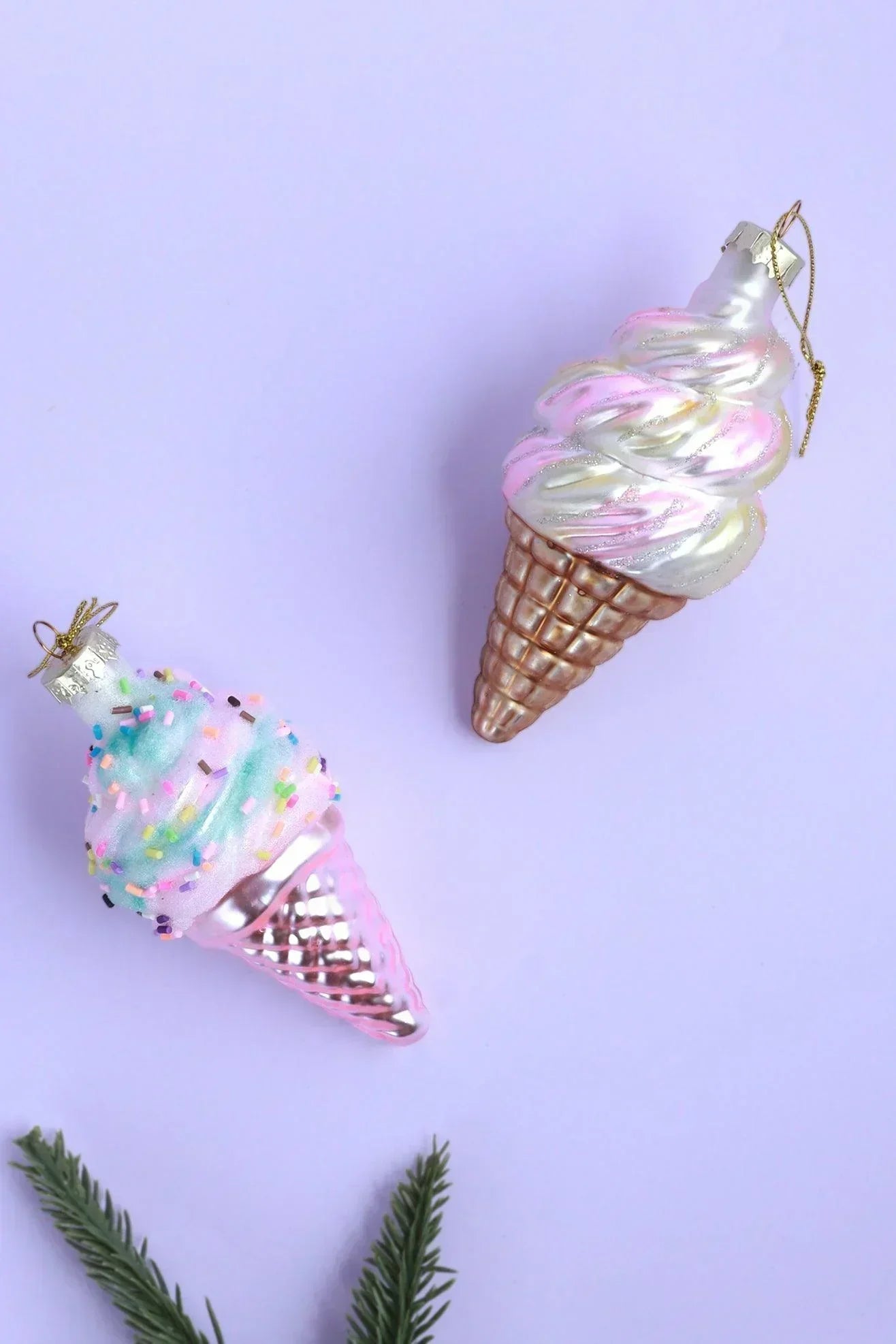 Glass Sundae Swirl Cone Hand-Painted Ice Cream Tree Decoration Vanilla Strawberry & Candy Sprinkles Ornaments - G Decor