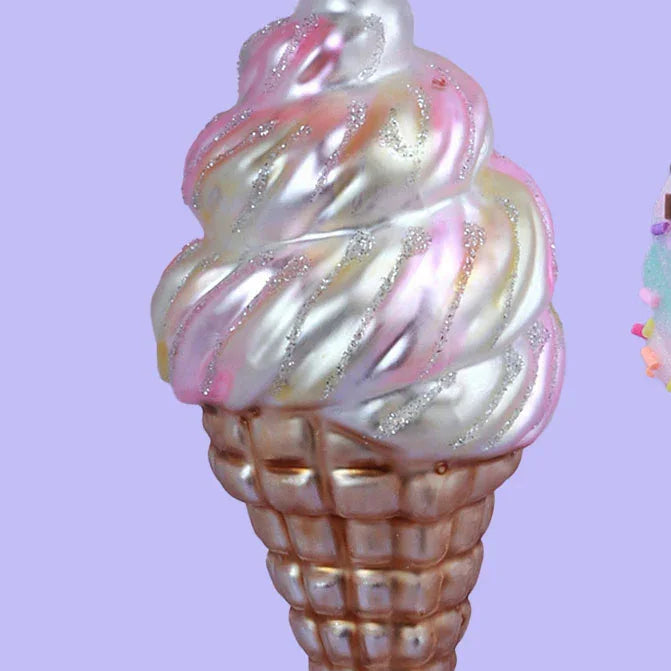 Glass Sundae Swirl Cone Hand-Painted Ice Cream Tree Decoration Vanilla Strawberry & Candy Sprinkles Ornaments - G Decor