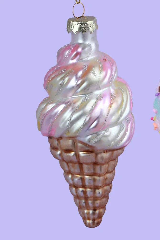 Hand-Painted Ice Cream Sundae Glass Christmas Tree Baubles — close-up view, G Decor