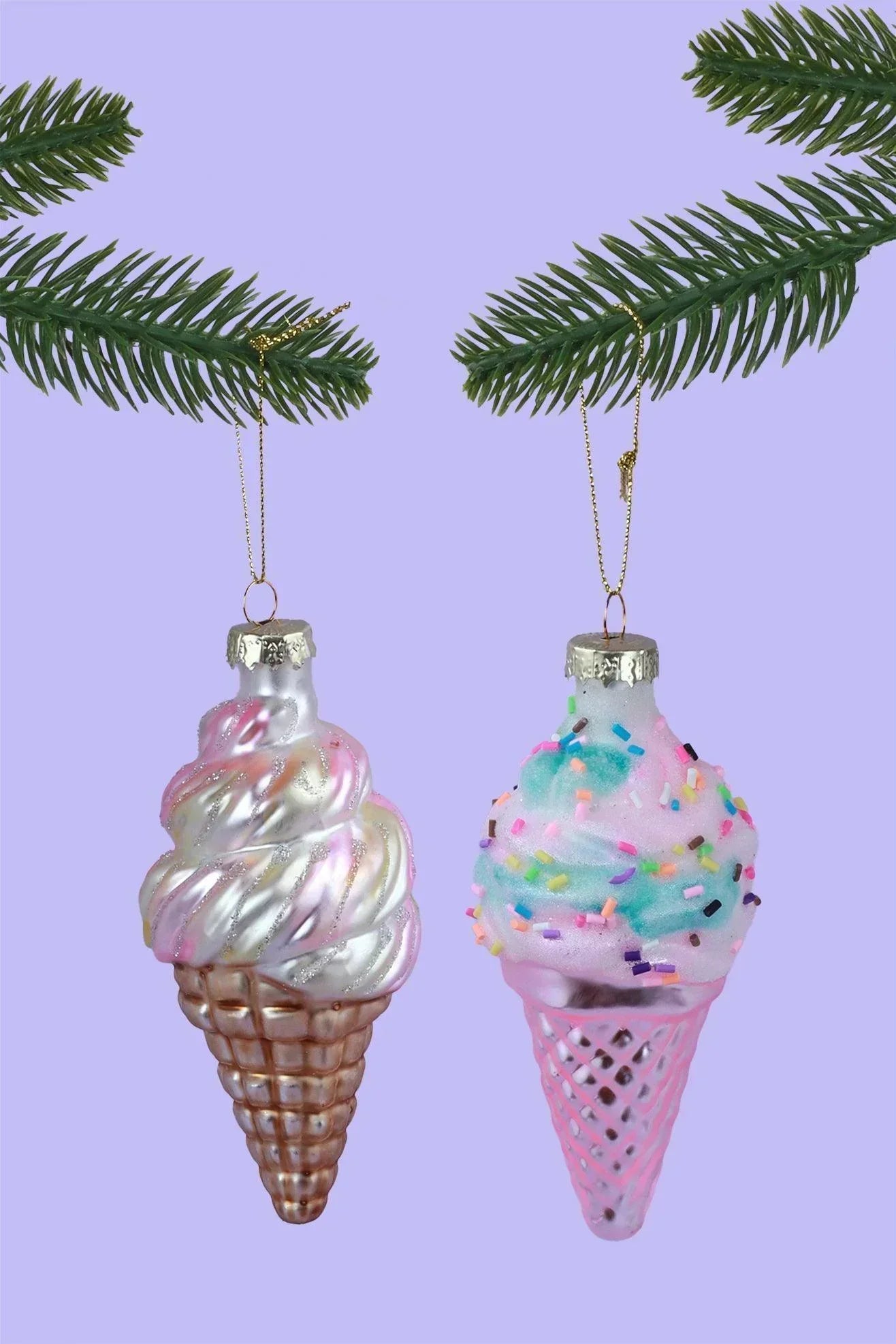 Glass Sundae Swirl Cone Hand-Painted Ice Cream Tree Decoration Vanilla Strawberry & Candy Sprinkles Ornaments - G Decor