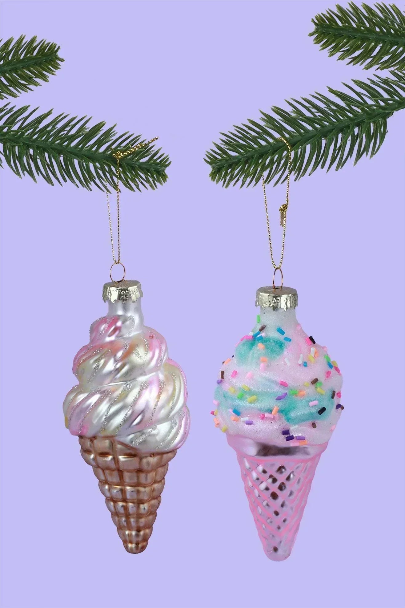 Glass Sundae Swirl Cone Hand-Painted Ice Cream Tree Decoration Vanilla Strawberry & Candy Sprinkles Ornaments - G Decor