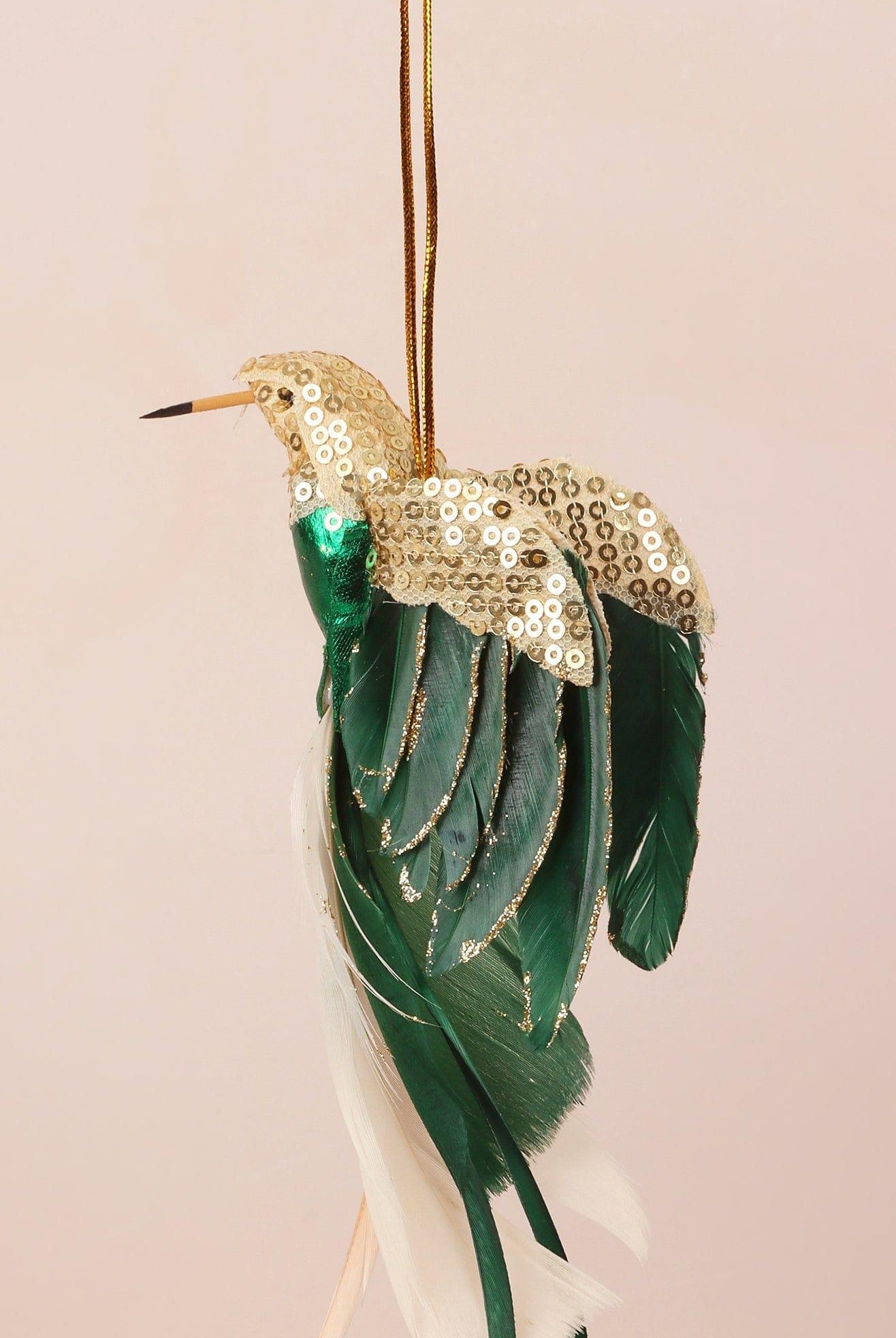 Gold Bird Christmas Tree Decoration with Sequins and Feathers - G Decor