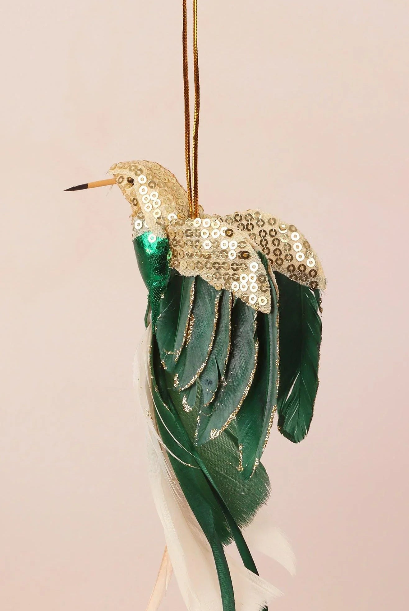 Gold Bird Christmas Tree Decoration with Sequins and Feathers - G Decor