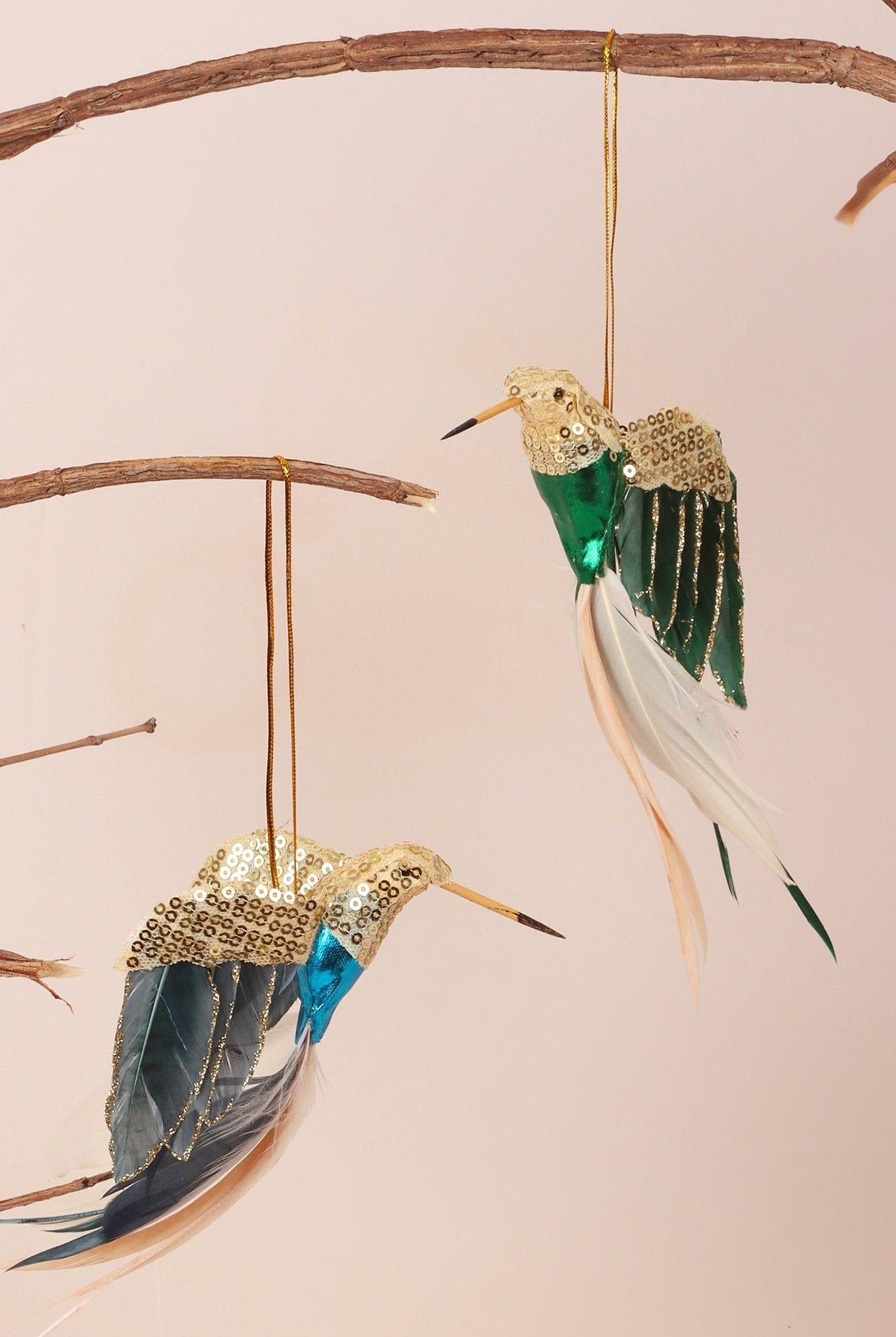 Gold Bird Christmas Tree Decoration with Sequins and Feathers - G Decor