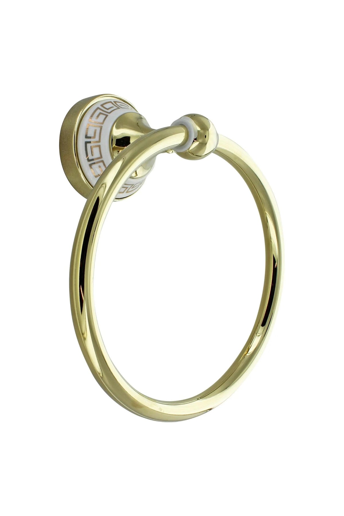 Close-up of the gold towel ring and its white wall plate with a gold Greek key pattern