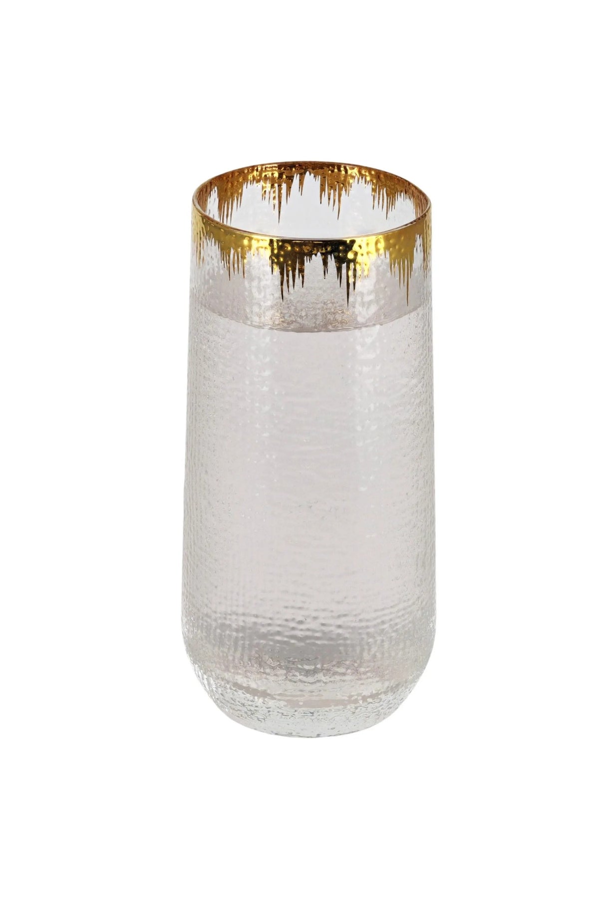 One hammered glass tumbler with a gold splash rim on a white background