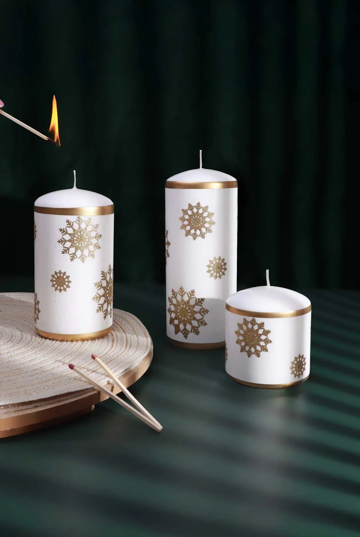 Golden Snowflake Hand-Finished Pillar Candle Winter Large Candle with Gold Foil Trim & White Wax - G Decor