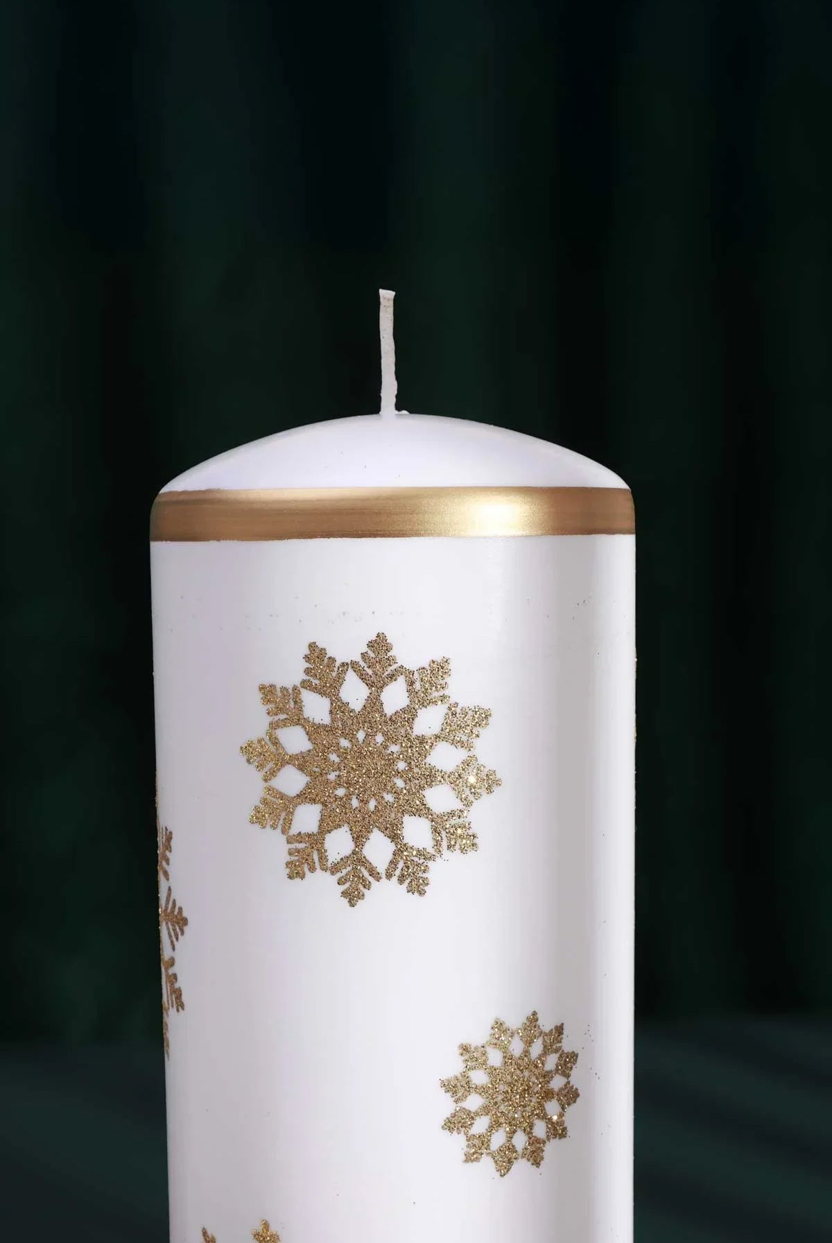 Golden Snowflake Hand-Finished Pillar Candle Winter Large Candle with Gold Foil Trim & White Wax - G Decor