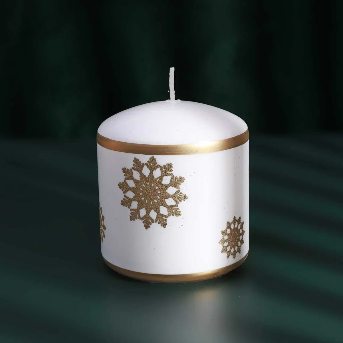 Golden Snowflake Hand-Finished Pillar Candle Winter Large Candle with Gold Foil Trim & White Wax - G Decor