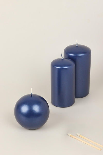 G Decor Candles & Candle Holders Blue / Set of 3 Grace Navy Blue Varnished Shimmer Metallic Shine Pillar Candle