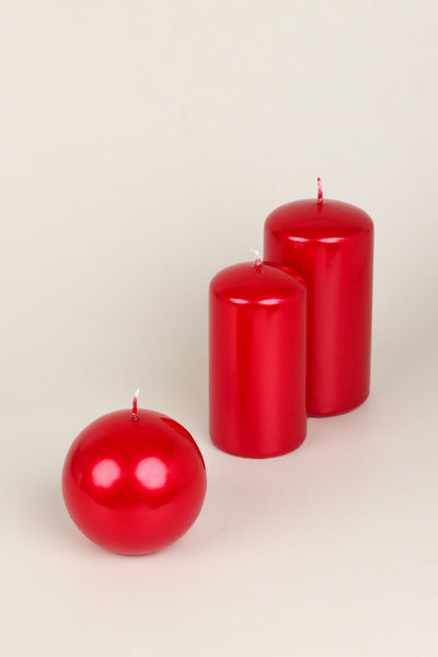 G Decor Candles & Candle Holders Red / Set of 3 Grace Scarlet Red Varnished Shimmer Metallic Shine Pillar Candle