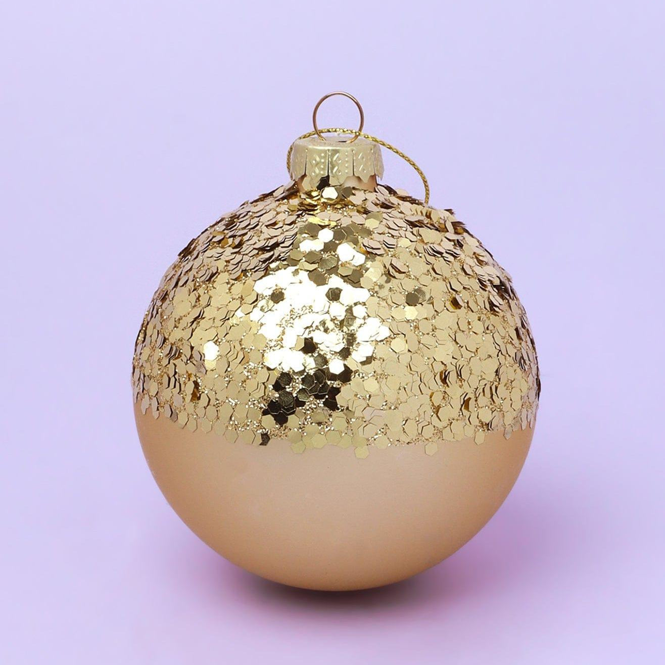 Grand Royale Hand-Painted Glass Baubles Half Sequin & Frosted Crackle Gold Statement Christmas Tree Decorations - G Decor
