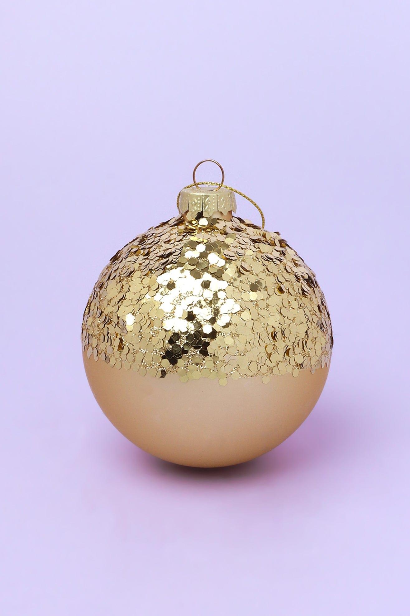 Grand Royale Hand-Painted Glass Baubles Half Sequin & Frosted Crackle Gold Statement Christmas Tree Decorations - G Decor