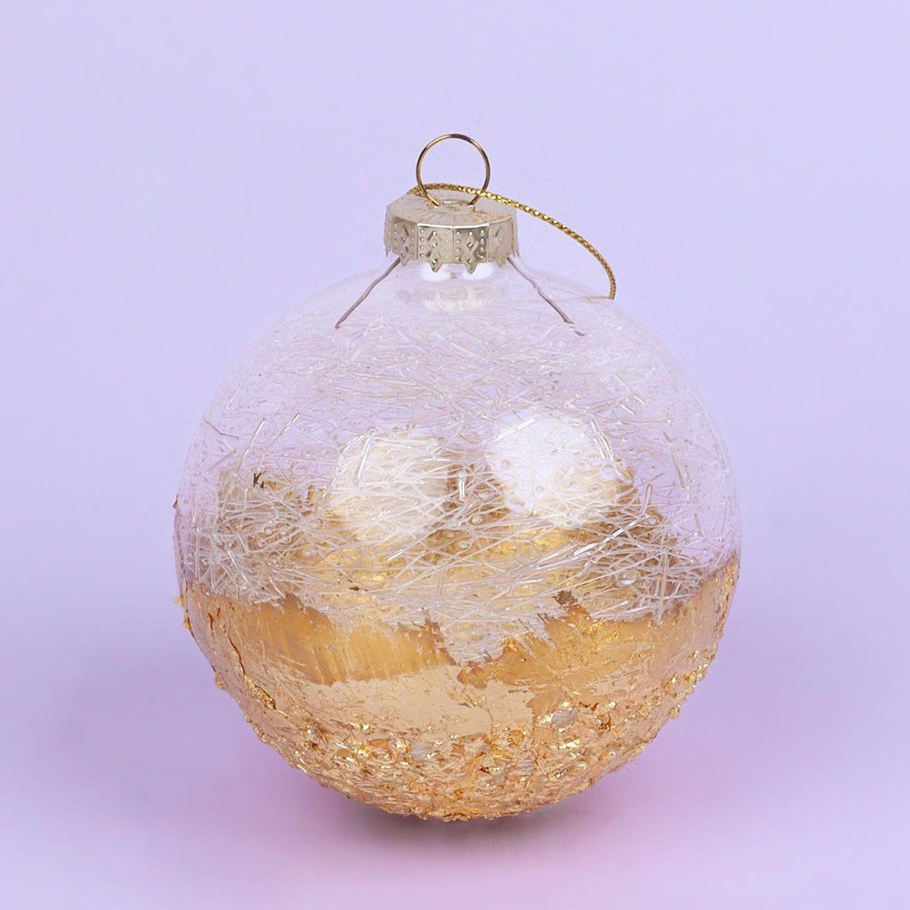 Grand Royale Hand-Painted Glass Baubles Half Sequin & Frosted Crackle Gold Statement Christmas Tree Decorations - G Decor