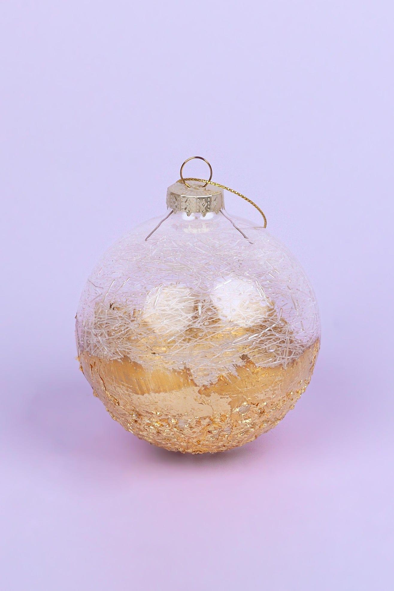Grand Royale Hand-Painted Glass Baubles Half Sequin & Frosted Crackle Gold Statement Christmas Tree Decorations - G Decor