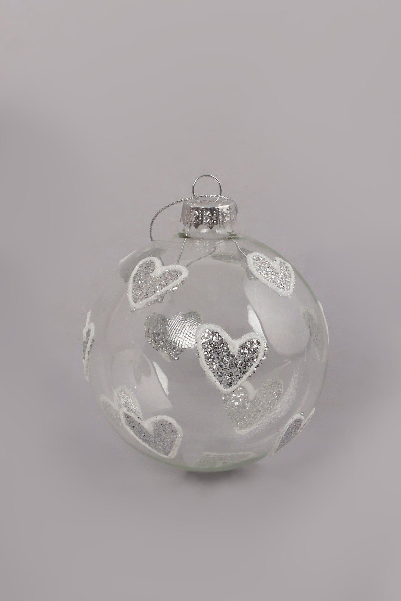 Hand-Blown Clear Glass Christmas Bauble with Hand-Painted Silver Glitter Hearts Hanging Decoration - G Decor
