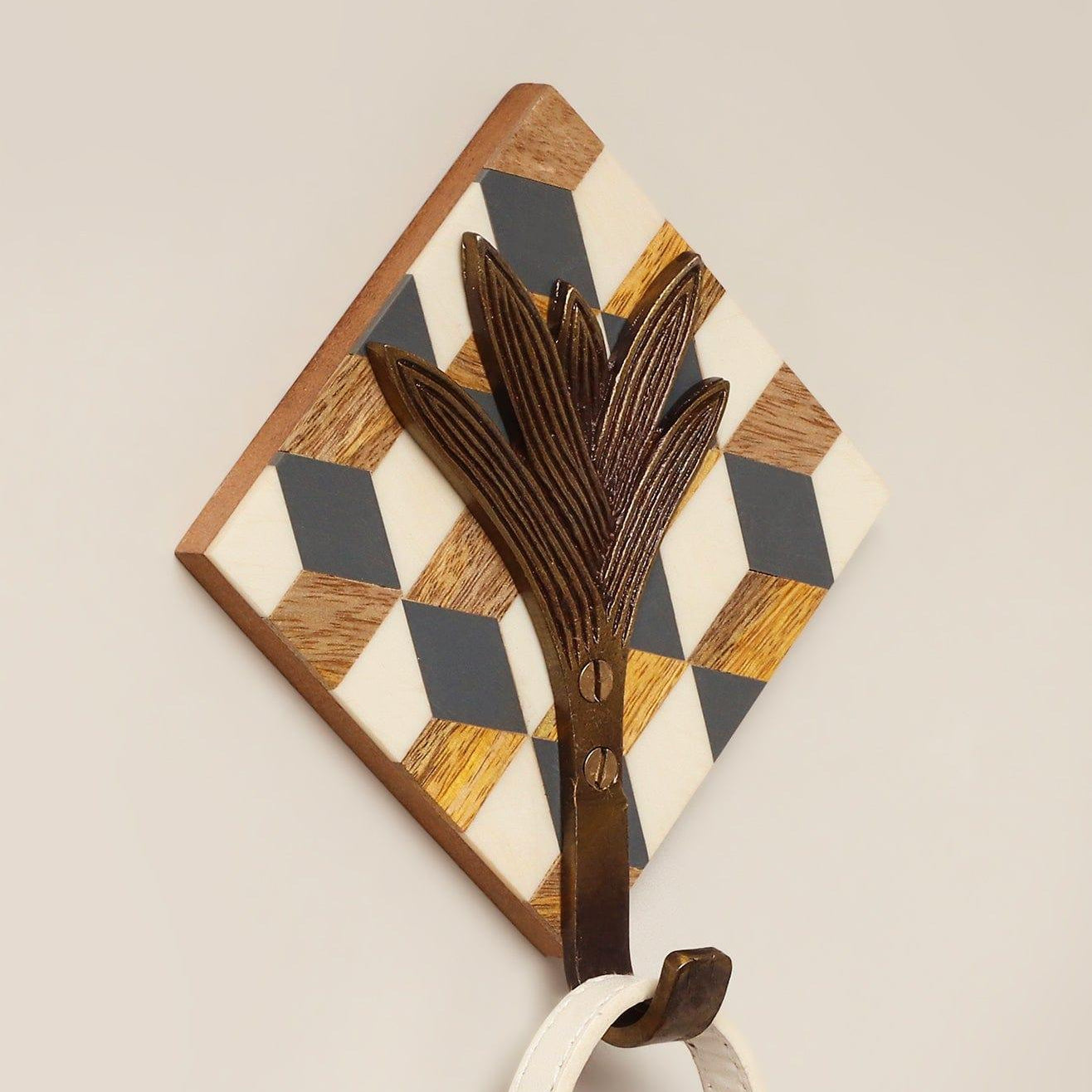 Handcrafted Antique Brass Wall Hook on Cubic Wooden Base - G Decor