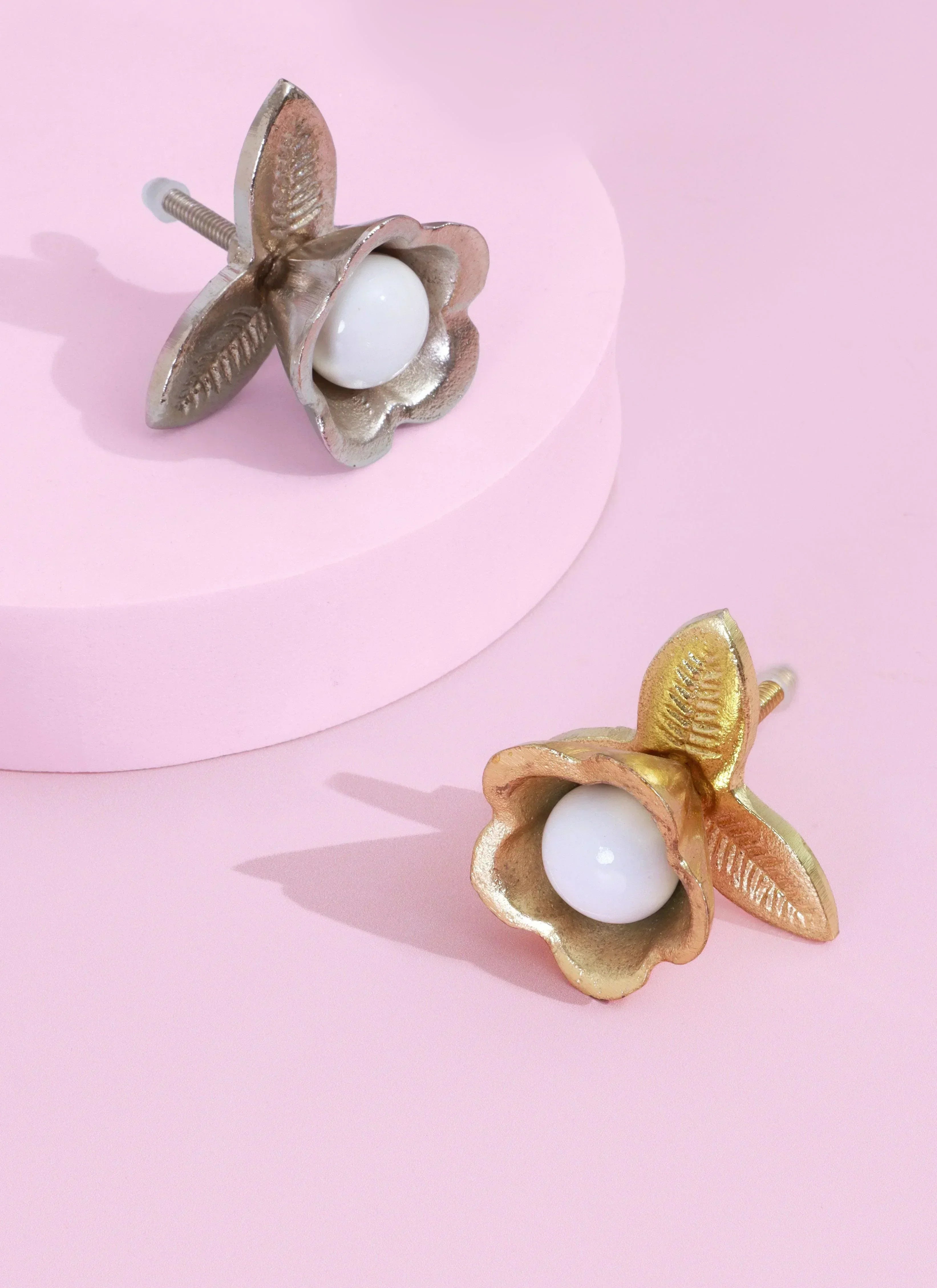 Handcrafted Lily Pearl Floral Ceramic & Brass Door Handle - G Decor