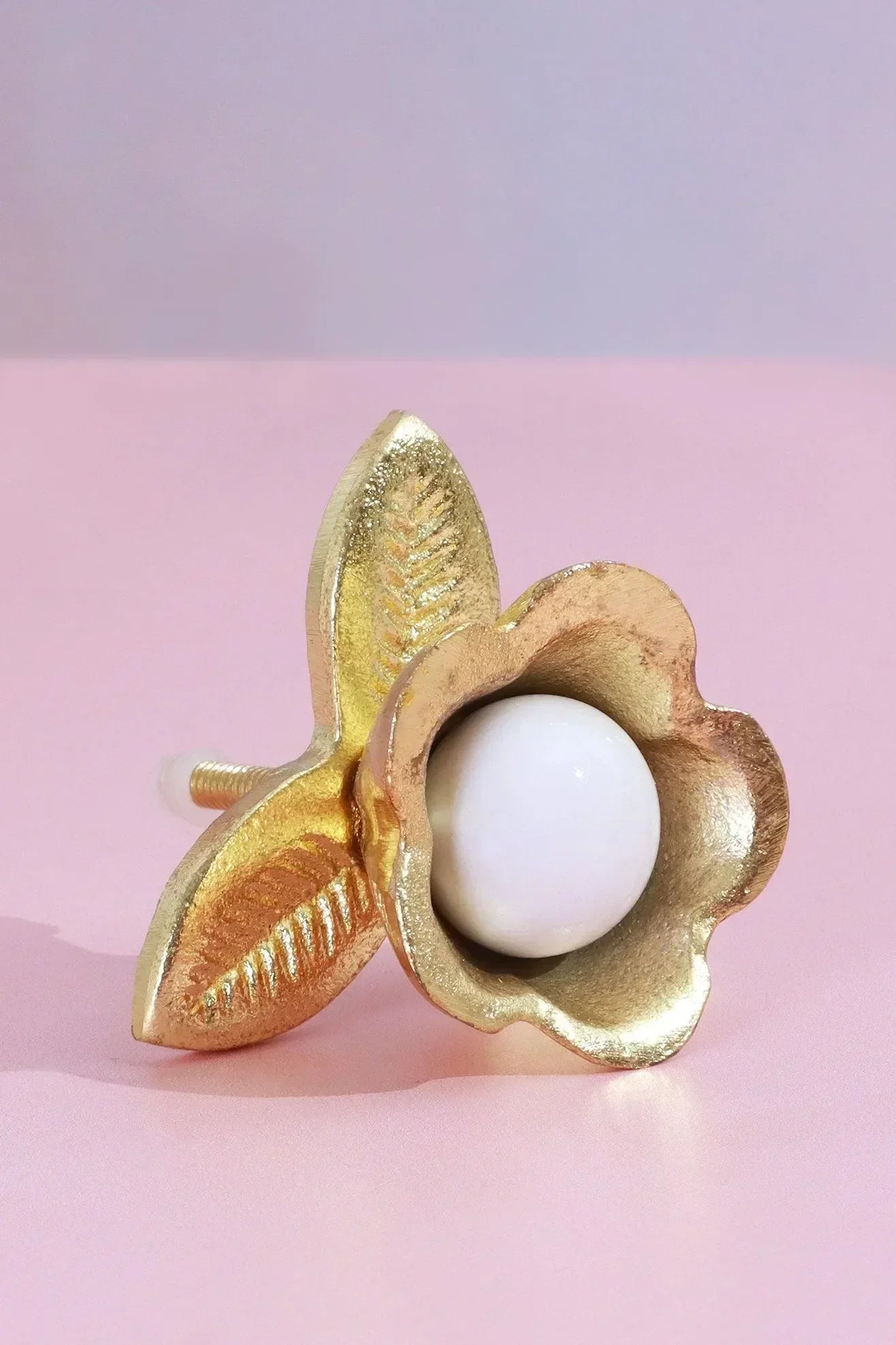 Handcrafted Lily Pearl Floral Ceramic & Brass Door Handle - G Decor