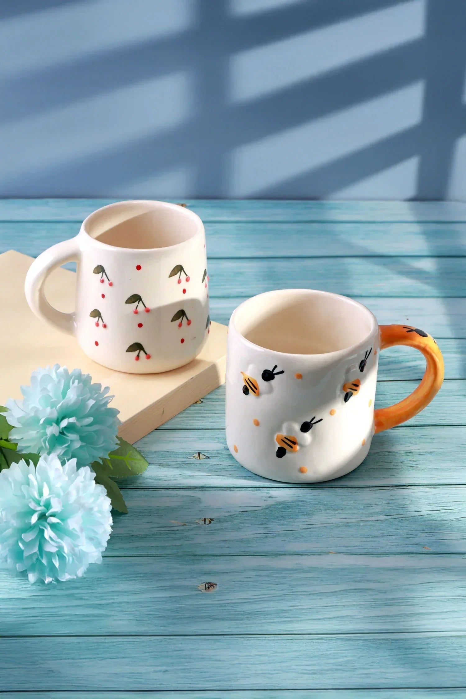 Handmade & Hand-Painted Bee & Cherry Mug Collection Ceramic Tea & Coffee Cups - G Decor