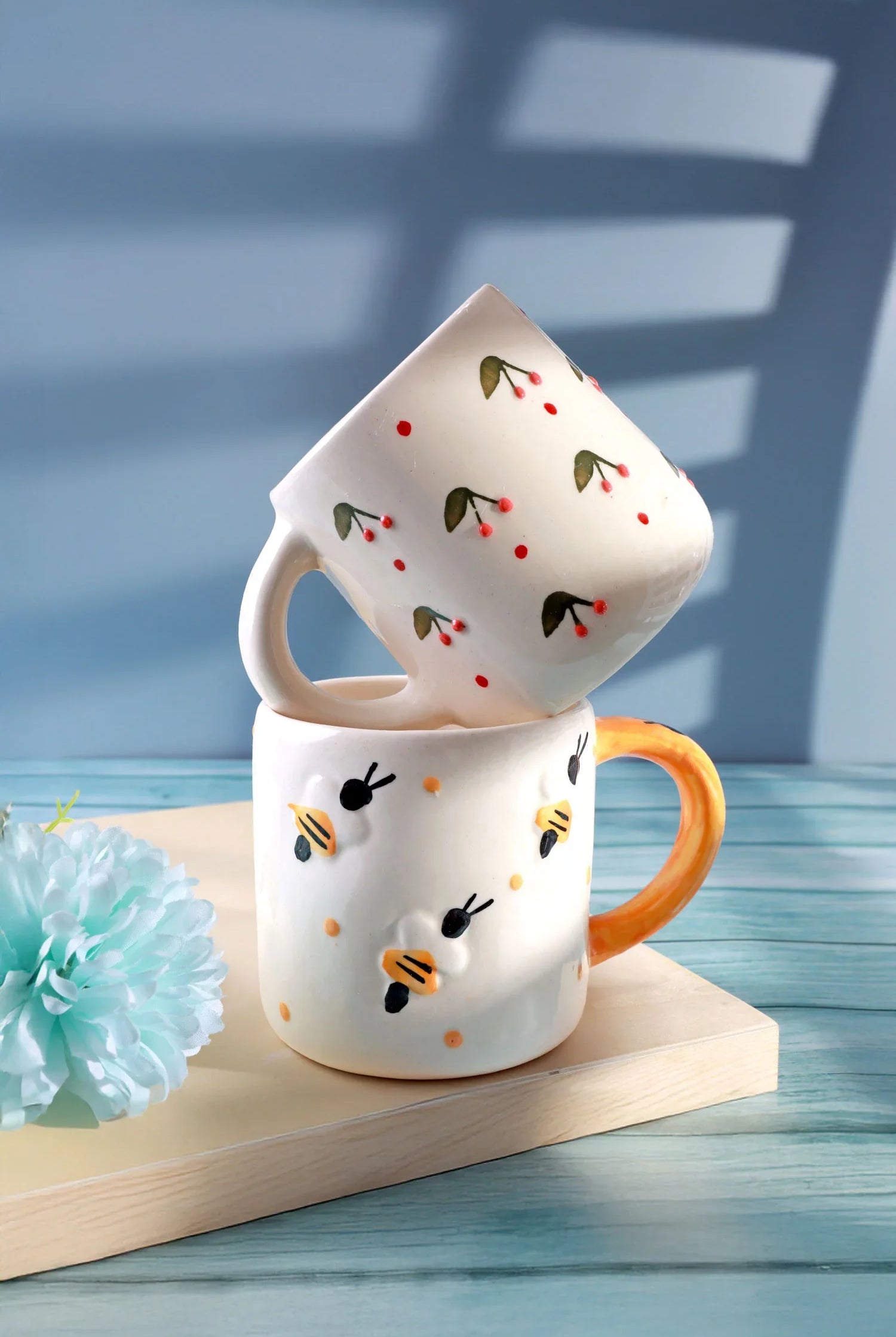 Handmade & Hand-Painted Bee & Cherry Mug Collection Ceramic Tea & Coffee Cups - G Decor