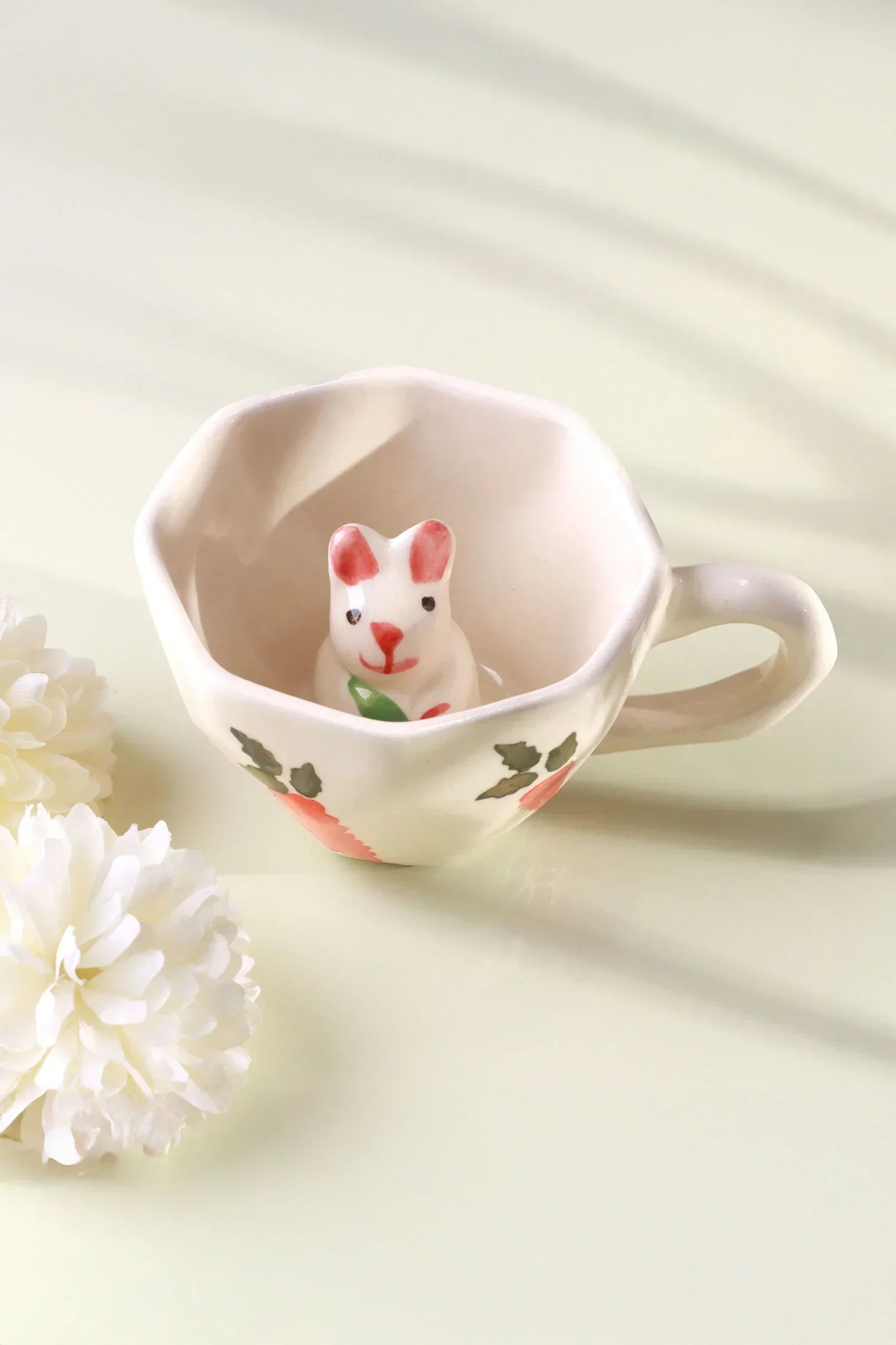 Handmade & Hand-Painted Bunny Garden Mug Ceramic Tea & Coffee Cup with 3D Rabbit Inside - G Decor