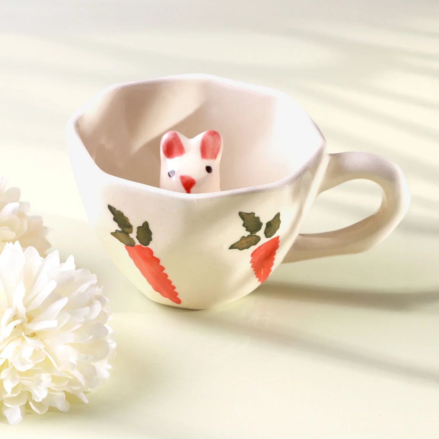 Handmade & Hand-Painted Bunny Garden Mug Ceramic Tea & Coffee Cup with 3D Rabbit Inside - G Decor