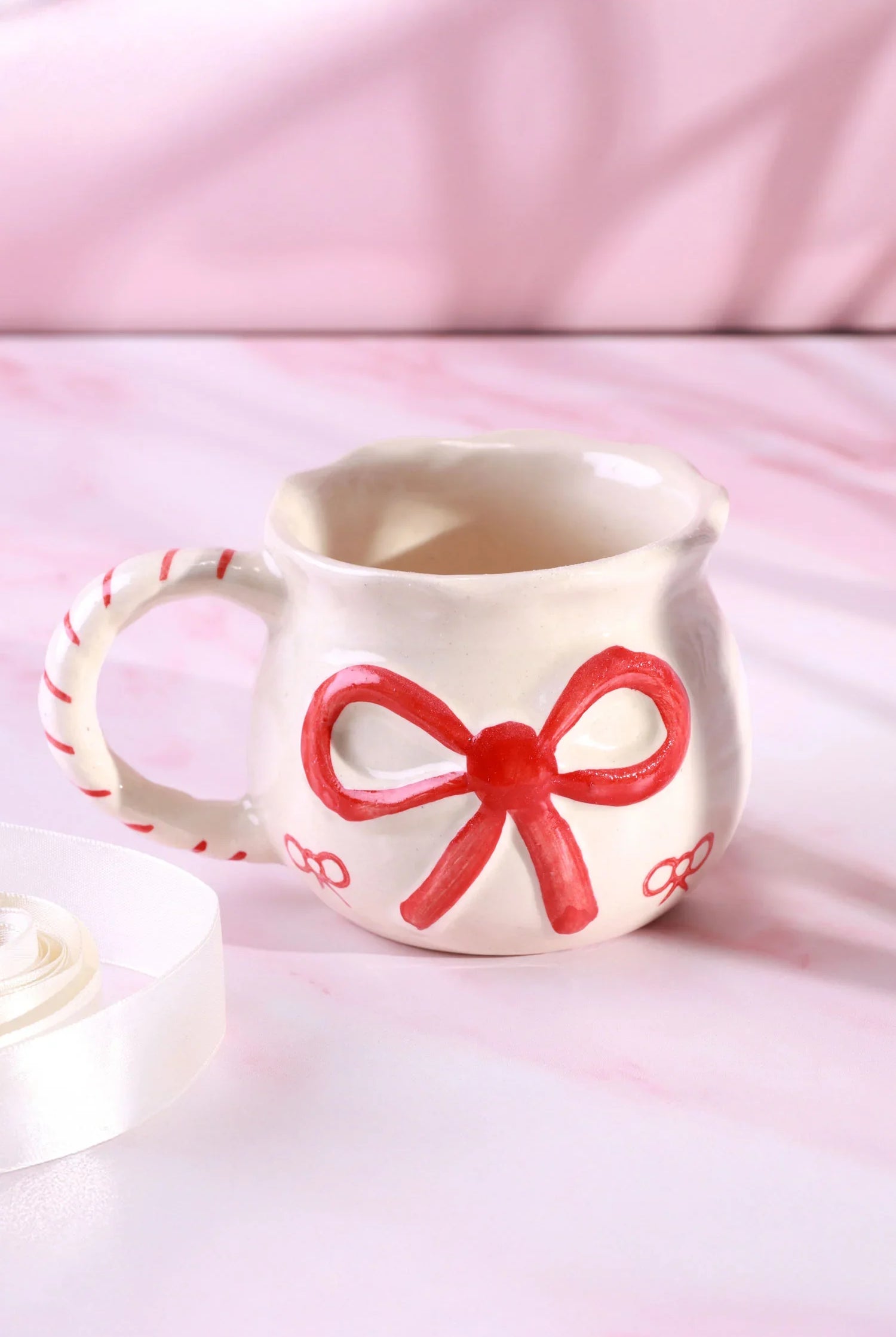 Handmade & Hand-Painted Red Bow Gift Mug Ceramic Tea & Coffee Cup with Ribbon Design - G Decor