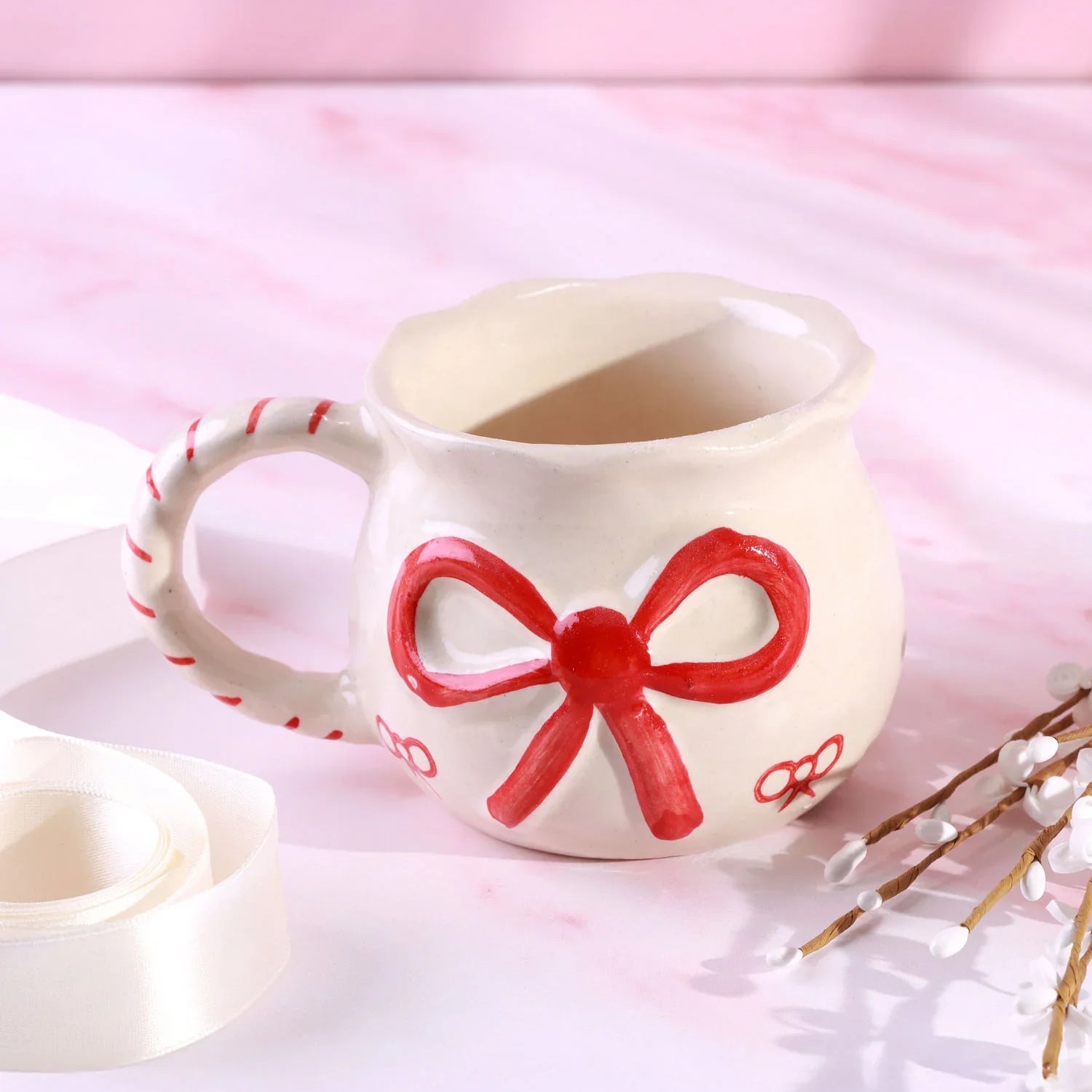 Handmade & Hand-Painted Red Bow Gift Mug Ceramic Tea & Coffee Cup with Ribbon Design - G Decor