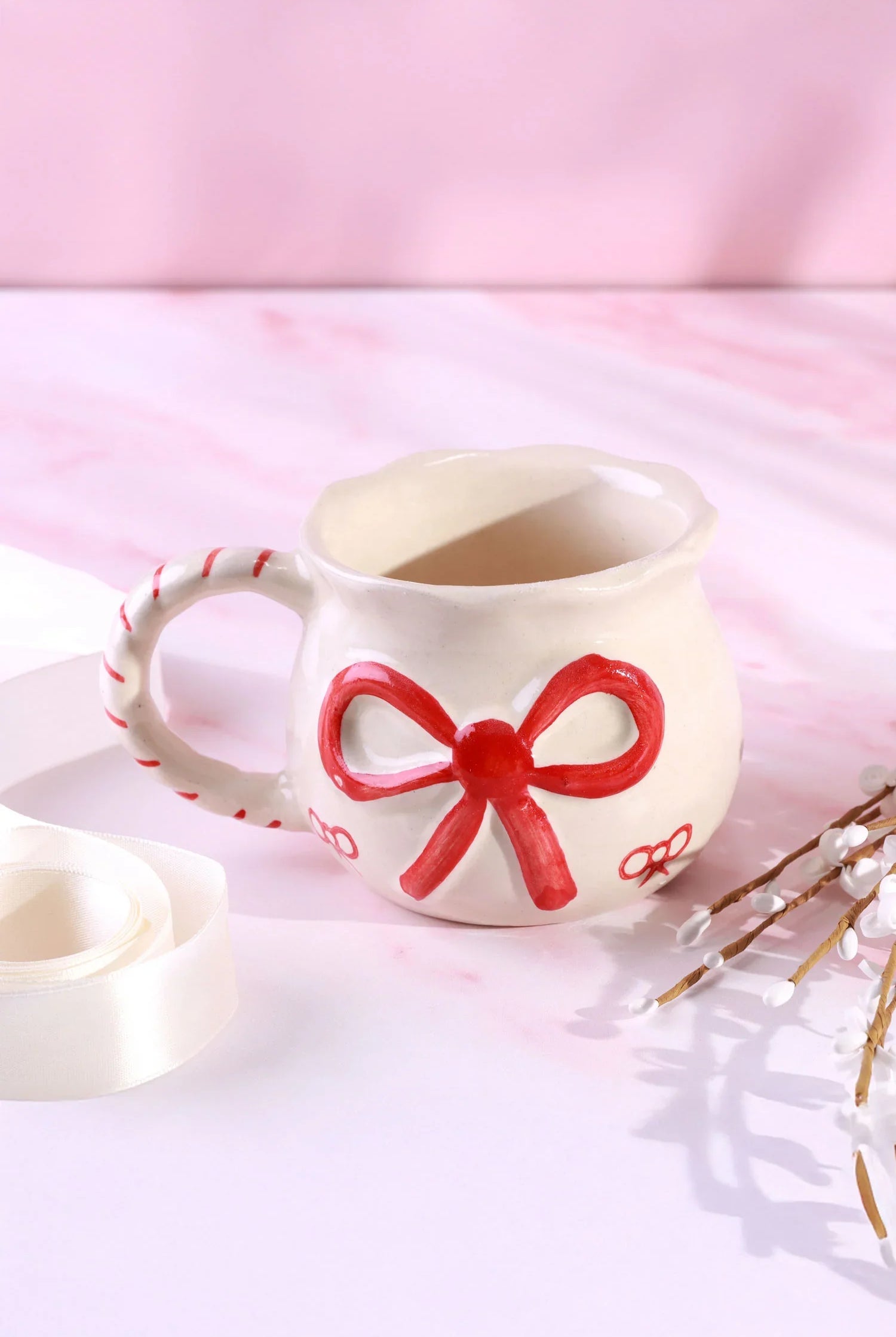 Handmade & Hand-Painted Red Bow Gift Mug Ceramic Tea & Coffee Cup with Ribbon Design - G Decor