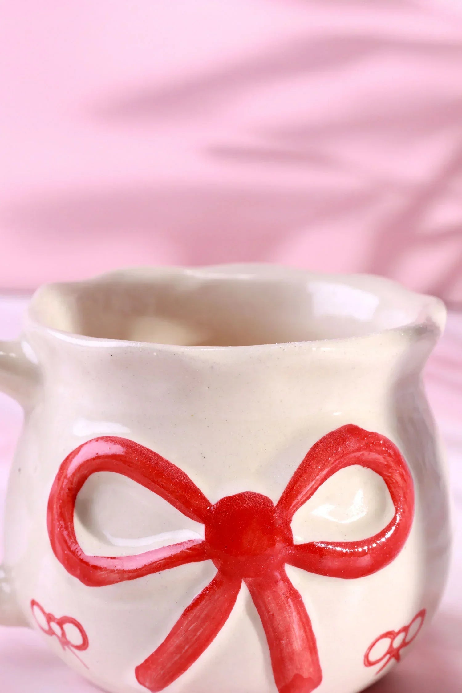 Hand-Painted Red Bow Ribbon Ceramic Gift Mug — close-up view, G Decor