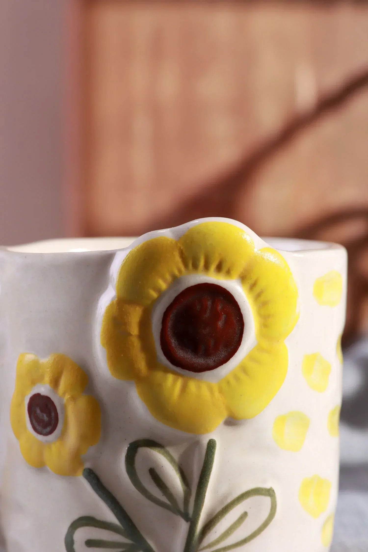 Hand-Painted Sunflower Bloom Ceramic Mug Collection — lifestyle view, G Decor