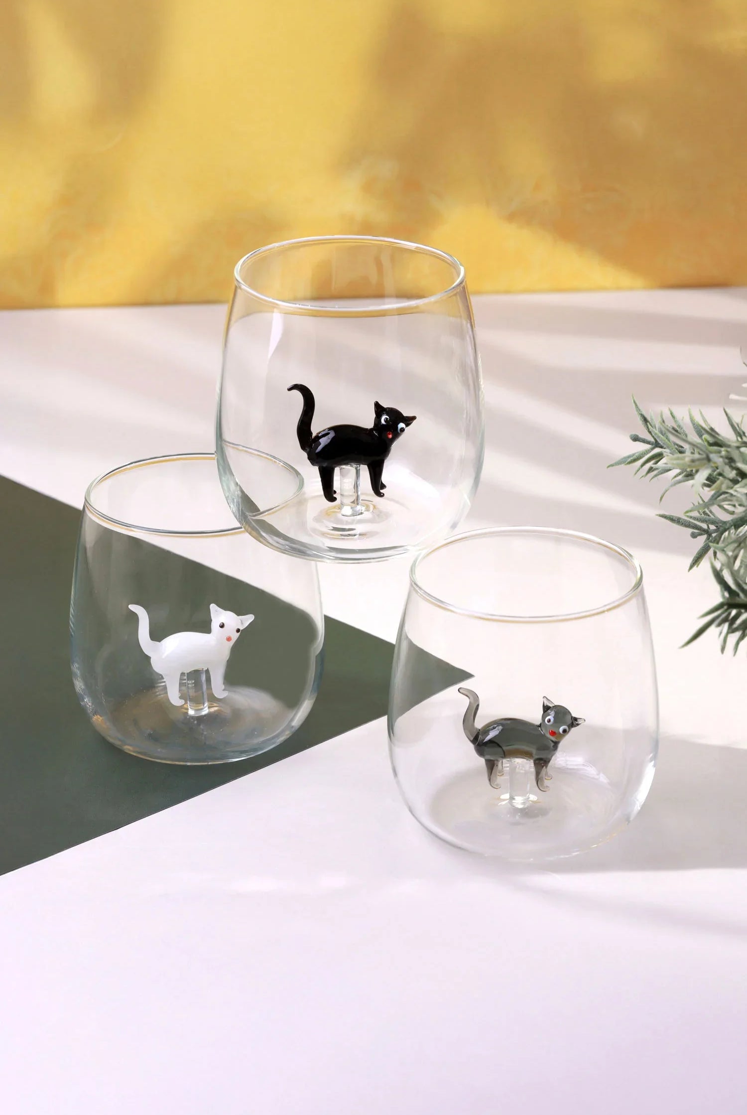 Handmade Curious & Playful Cats Glass Tumbler & Cup Collection Clear Cat Figurine Drinkware - G Decor