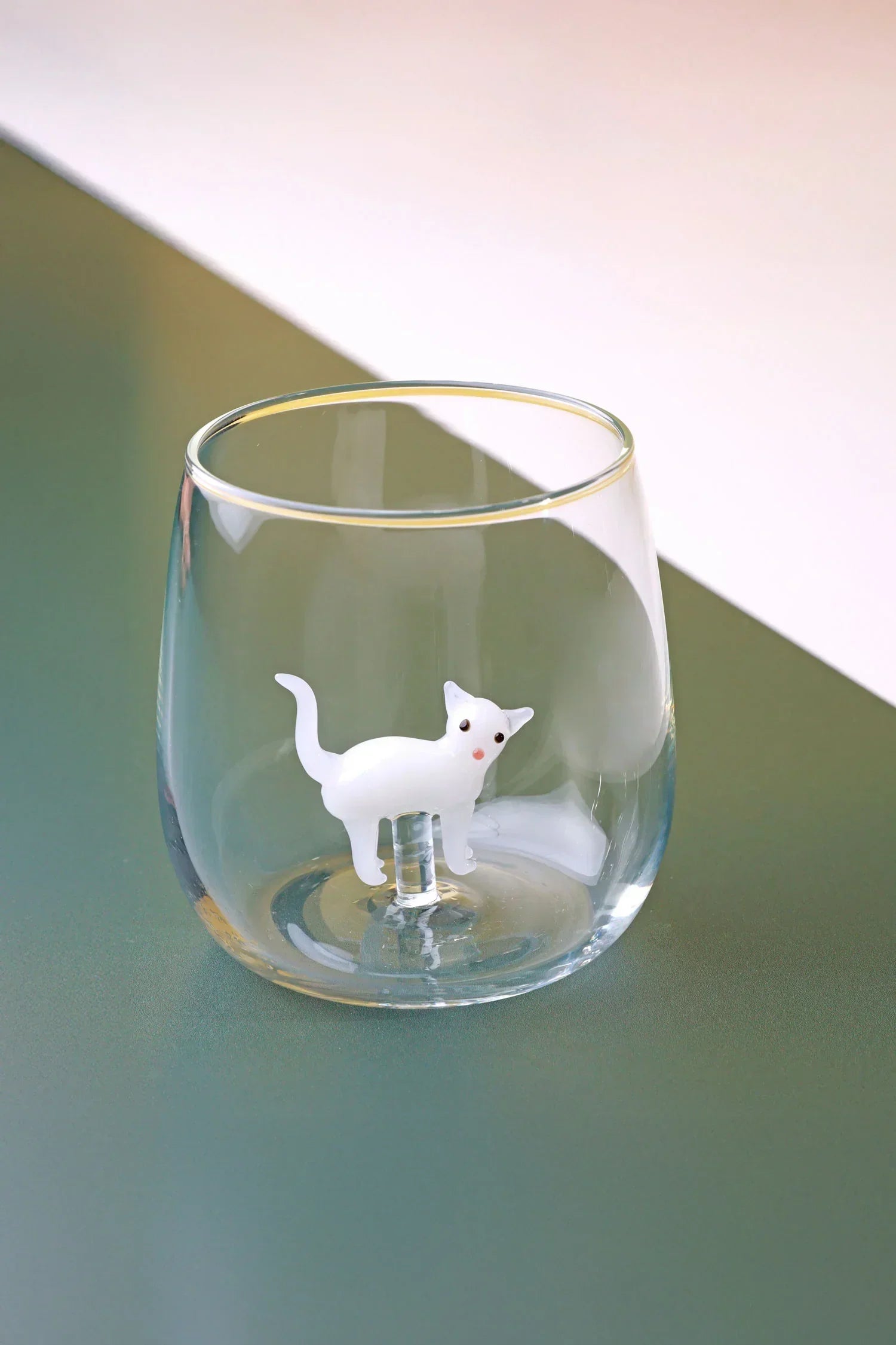 Curious Cats Glass Tumbler with Cat Figurine — close-up view, G Decor