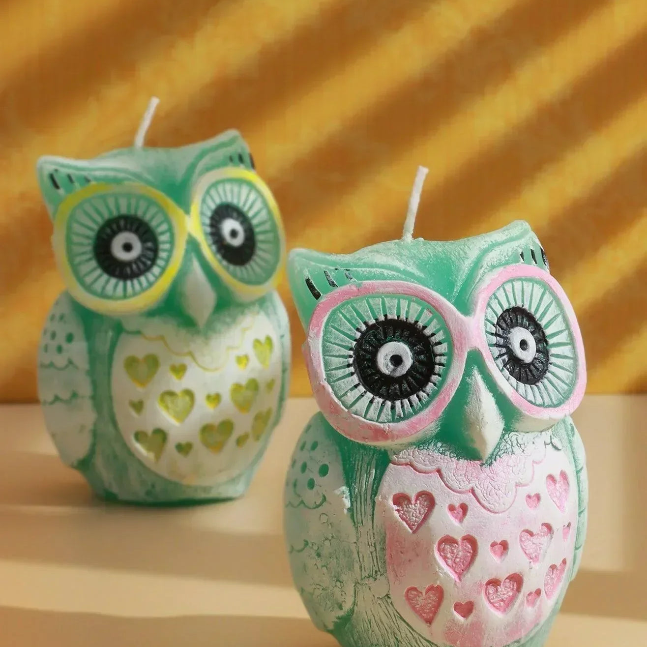 Handmade Hootique Owl Couple Candle Pink & Yellow Owls Looking For Trouble - G Decor