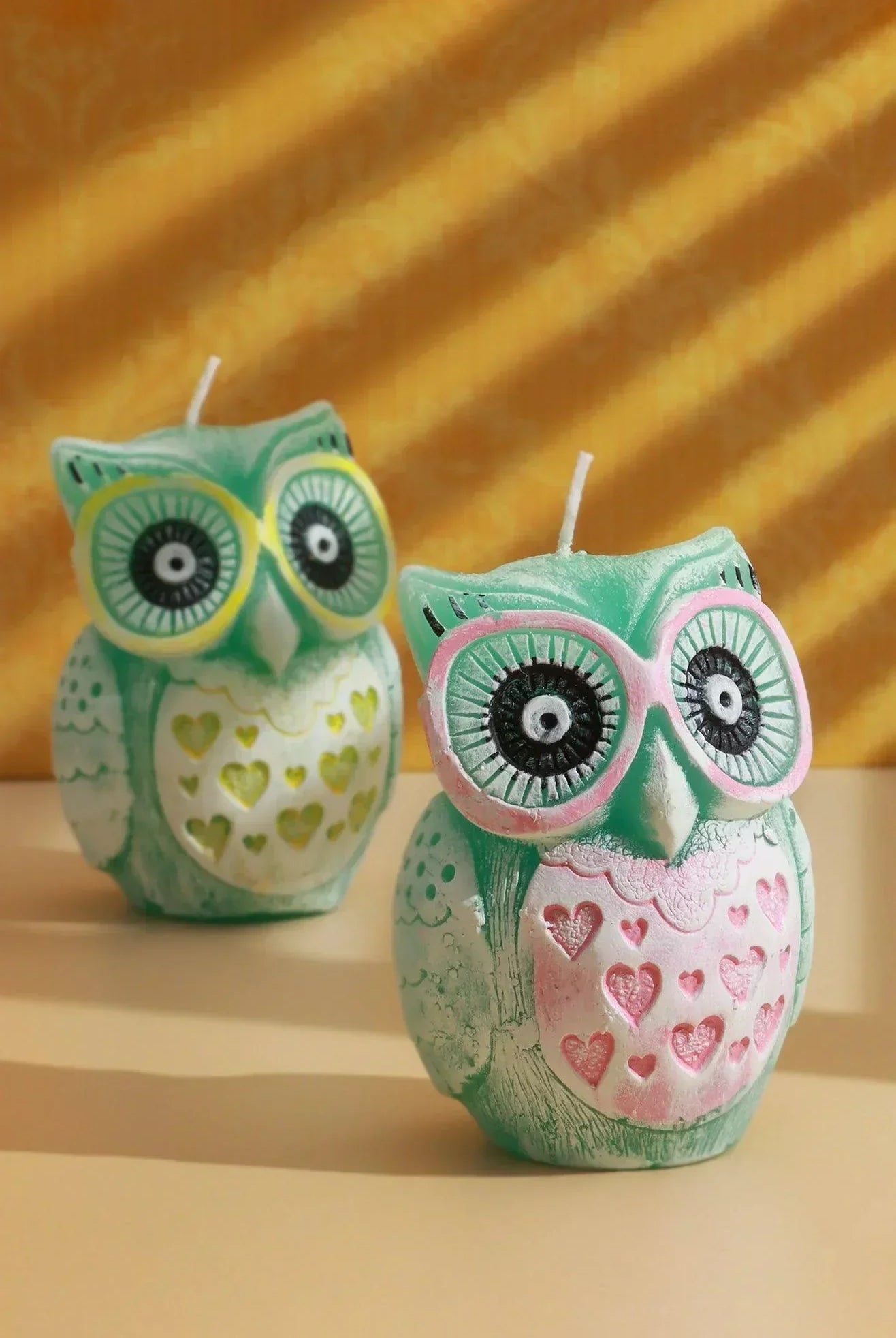 Handmade Hootique Owl Couple Candle Pink & Yellow Owls Looking For Trouble - G Decor