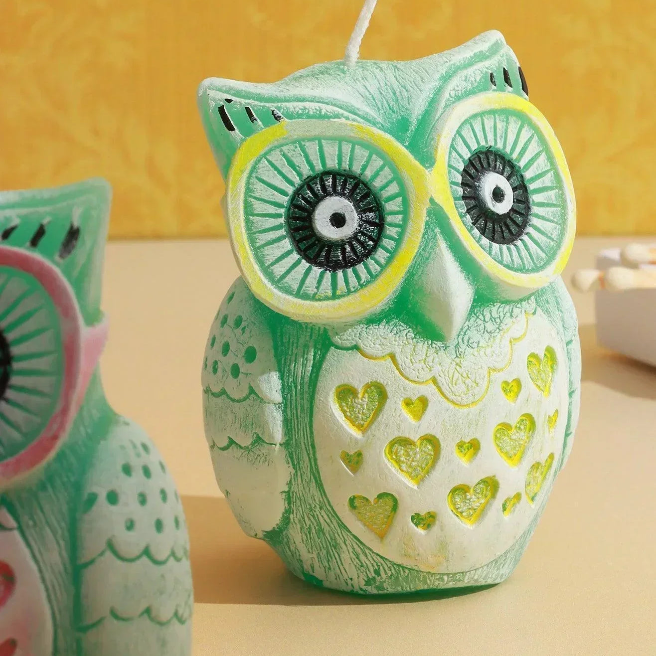 Handmade Hootique Owl Couple Candle Pink & Yellow Owls Looking For Trouble - G Decor