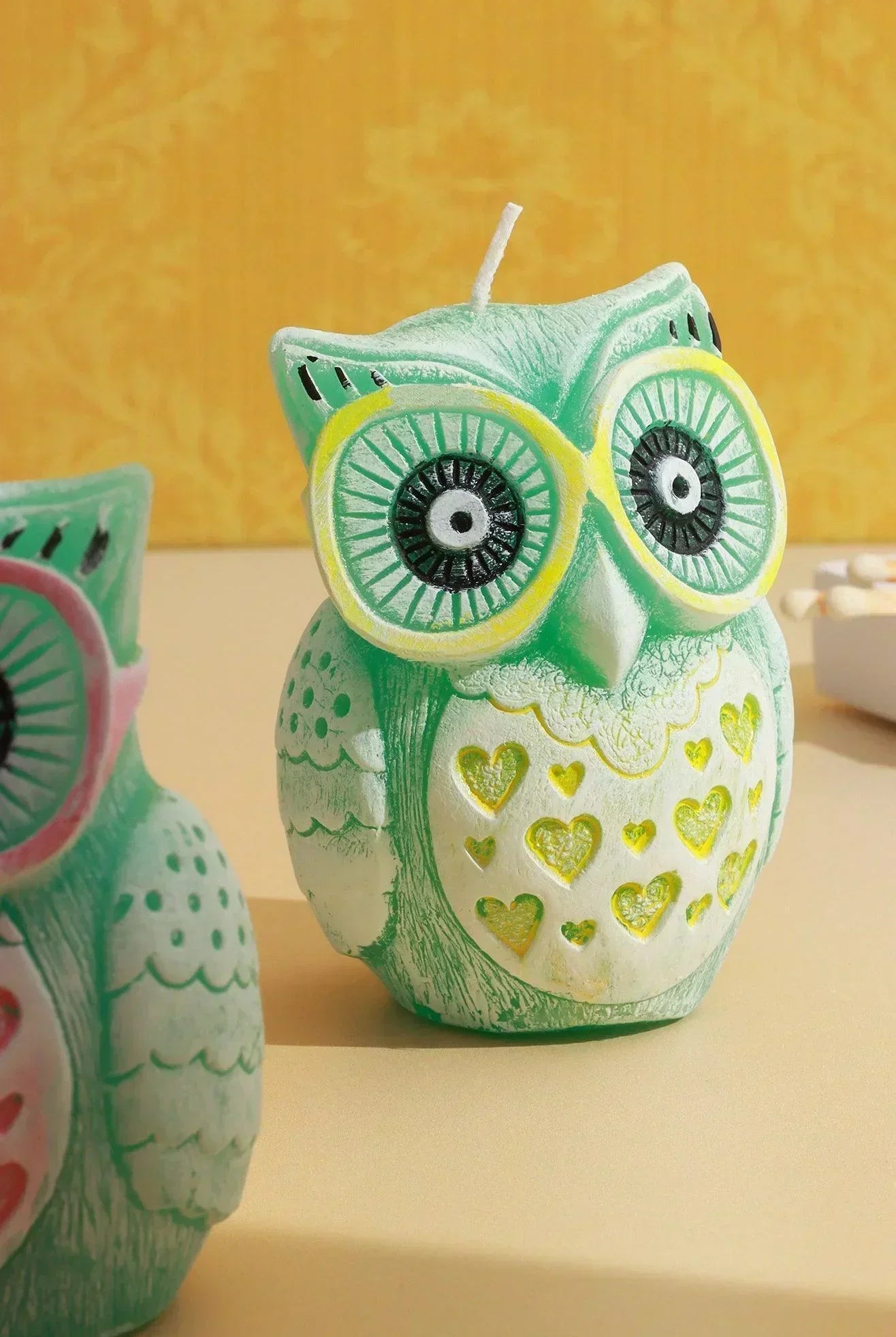 Handmade Hootique Owl Couple Candle Pink & Yellow Owls Looking For Trouble - G Decor