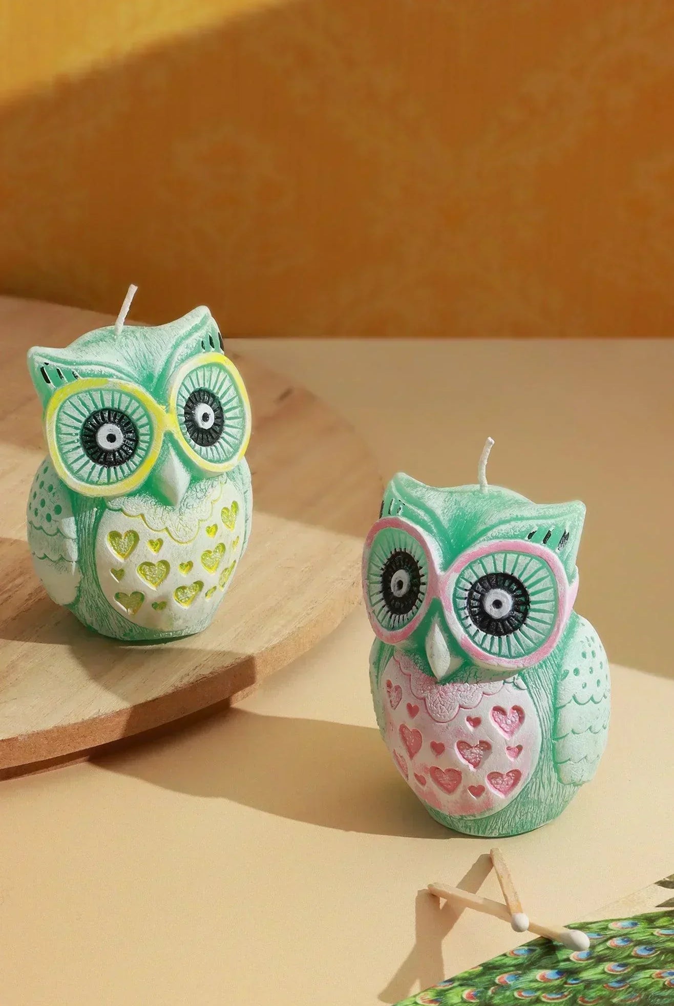 Handmade Hootique Owl Couple Candle Pink & Yellow Owls Looking For Trouble - G Decor