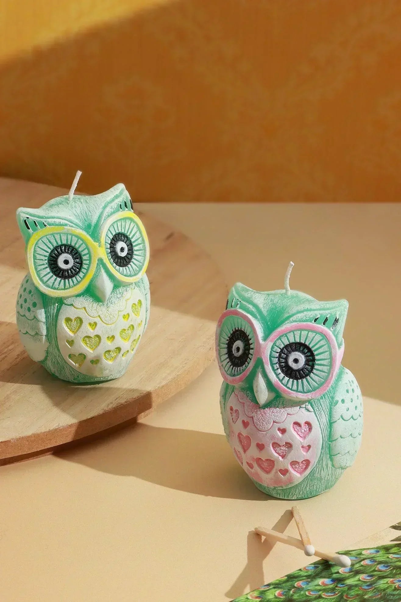 Handmade Hootique Owl Couple Candle Pink & Yellow Owls Looking For Trouble - G Decor